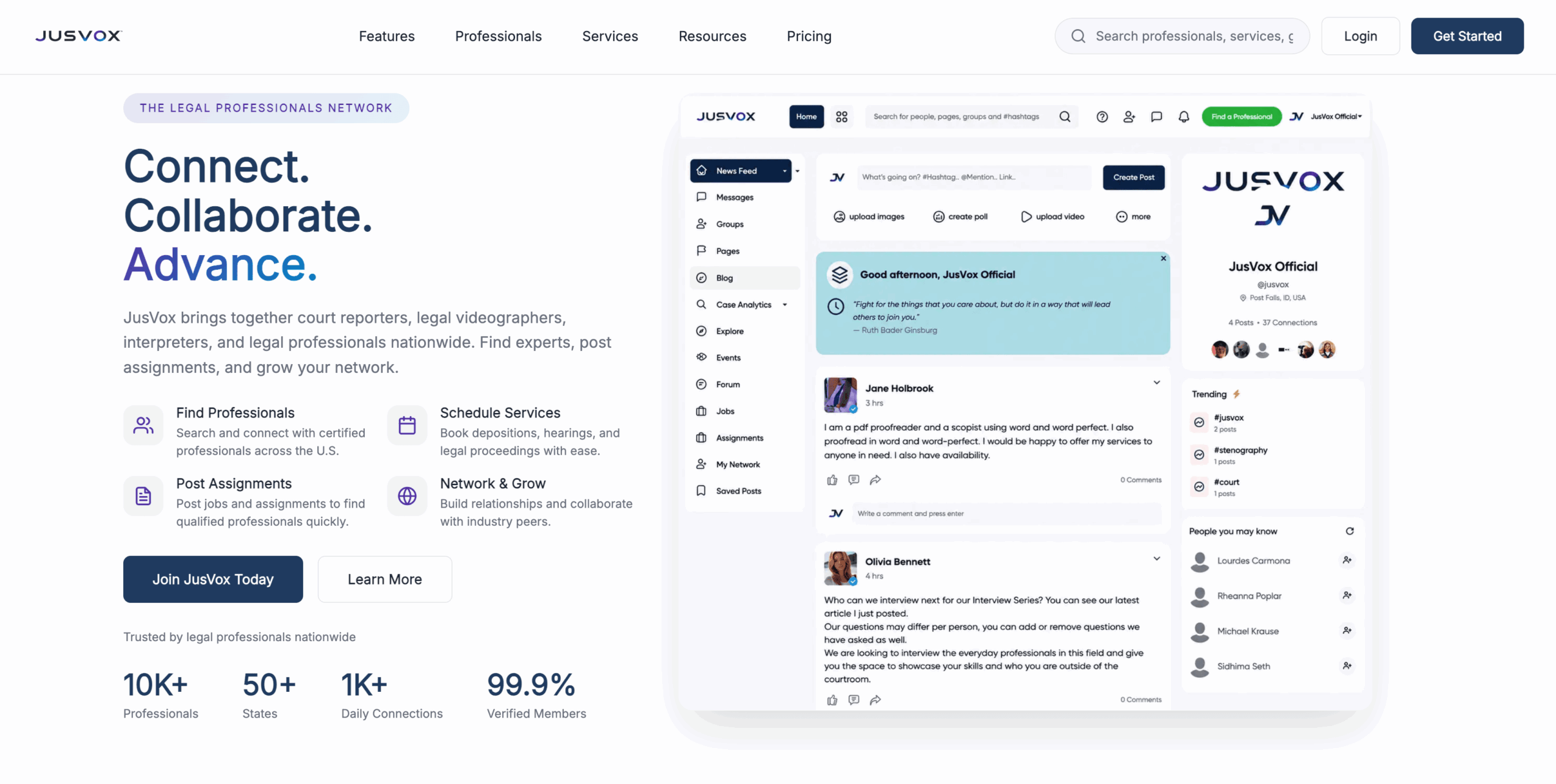 Screenshot of a webpage with the JUSVox logo, text about connecting and collaborating, and a sidebar with icons and options.