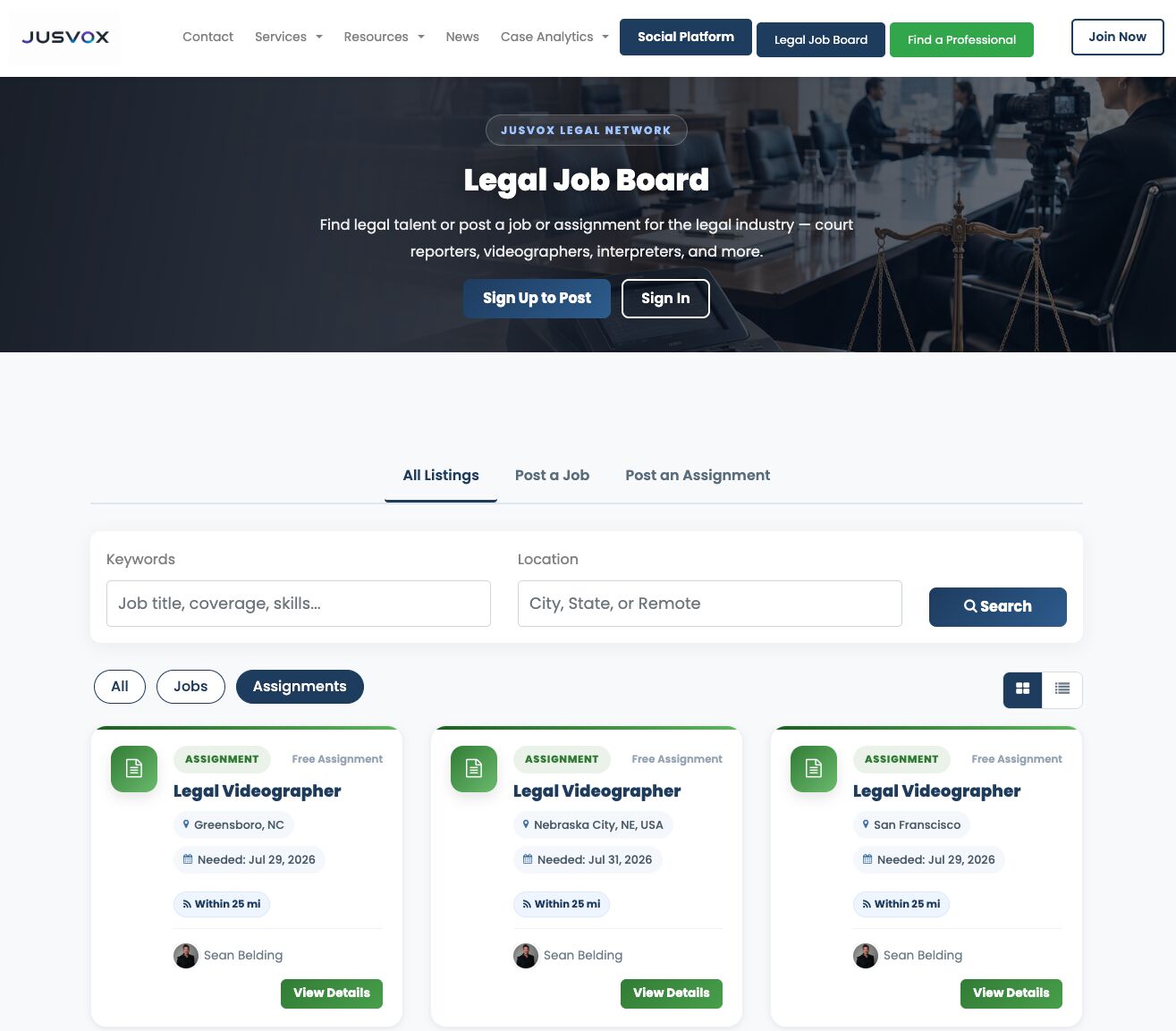 Legal job board webpage with search options for job titles and locations, featuring listings for legal videographers, with sign-up and sign-in buttons.