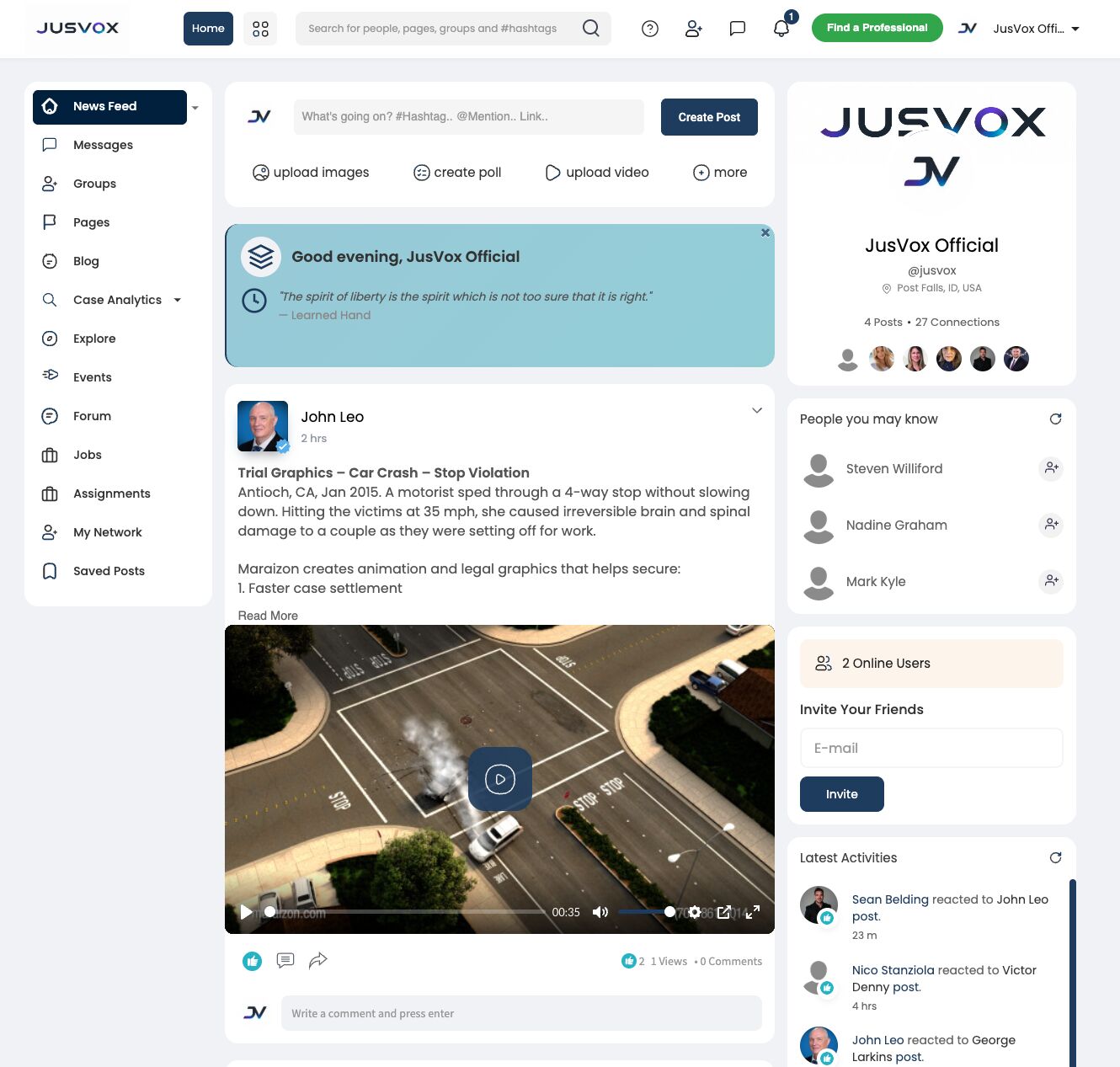 Screenshot of JusVox social media page with posts, video, and navigation menu, viewed sideways.