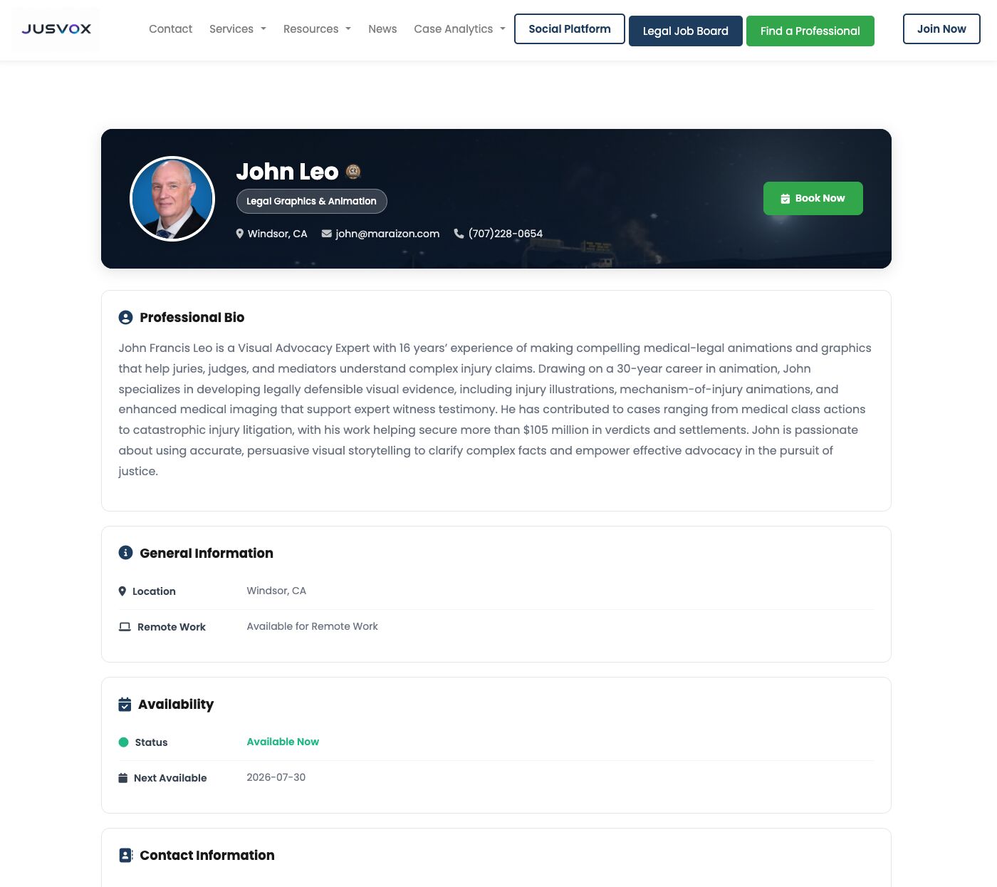 Profile page of John Leo with name, title, contact info, and professional bio, on a website with navigation menu.