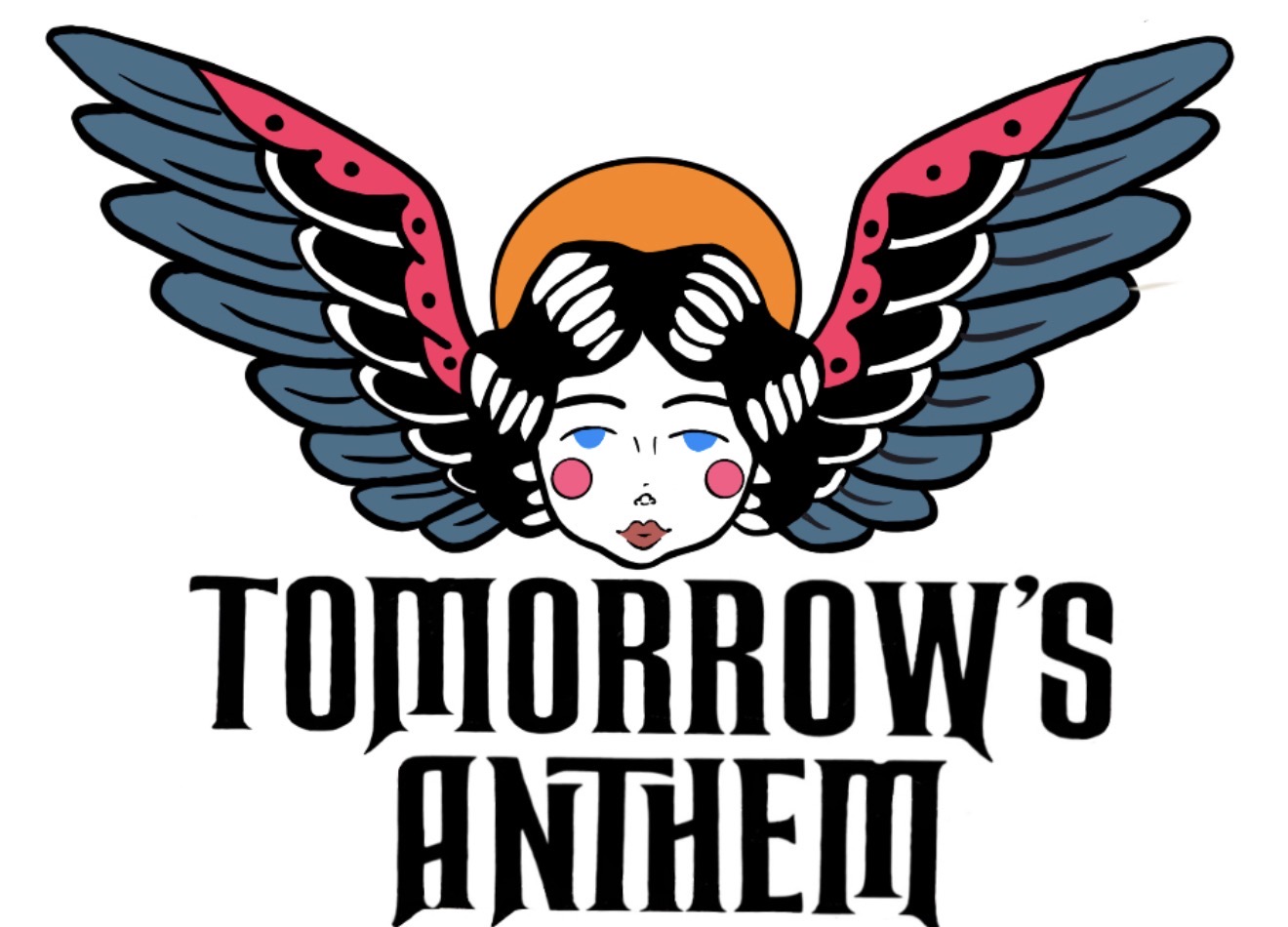 A stylized face with wings and a sun behind, with the text 'TOMORROW'S ANTHEM' below.