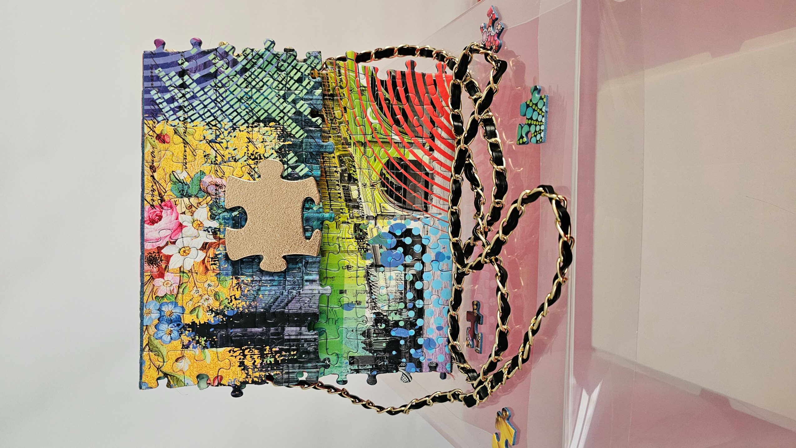 Colorful puzzle pieces and a beaded necklace on a pink surface with a pink wall in the background.