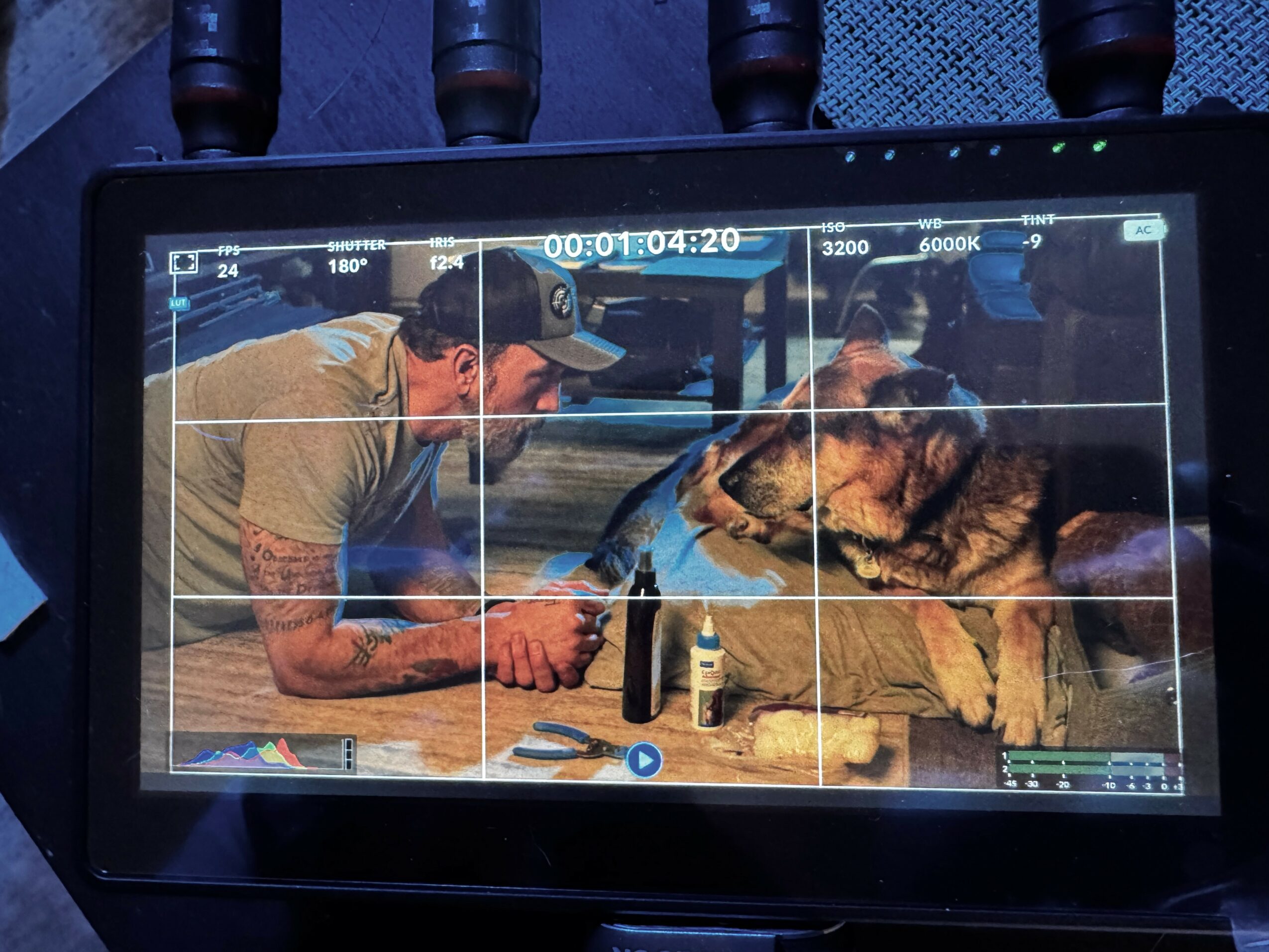 Man lying on the ground with a dog, both looking at each other, on a video monitor screen.