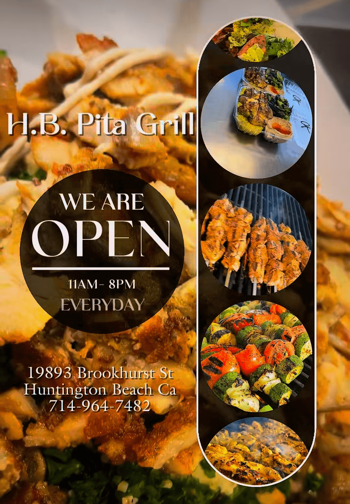 Restaurant sign with images of fried chicken, sushi, and other dishes, announcing the restaurant is open daily from 11 AM to 8 PM.