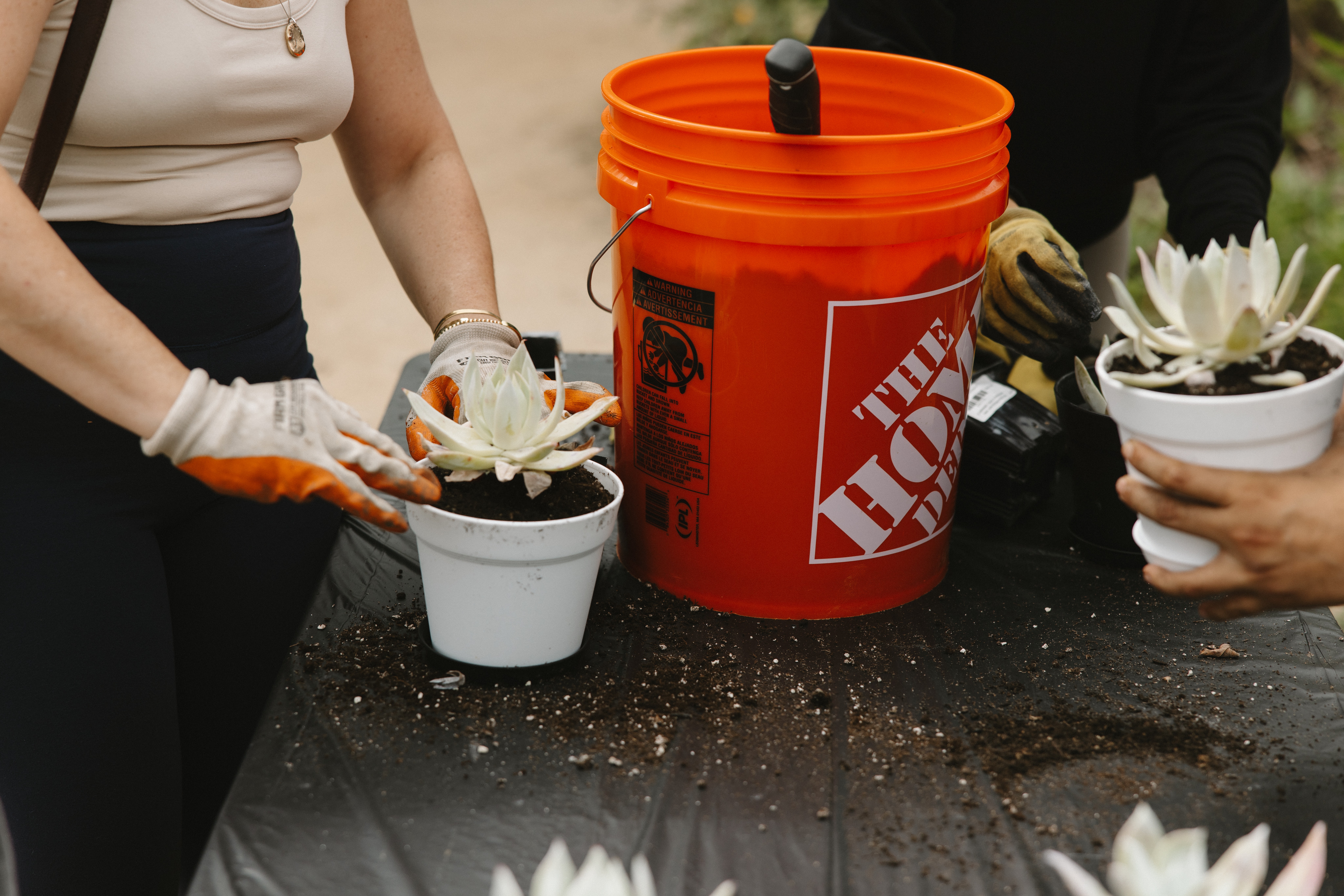People planting flowers in white pots with a large orange Home Depot bucket nearby, outdoors on a black surface.