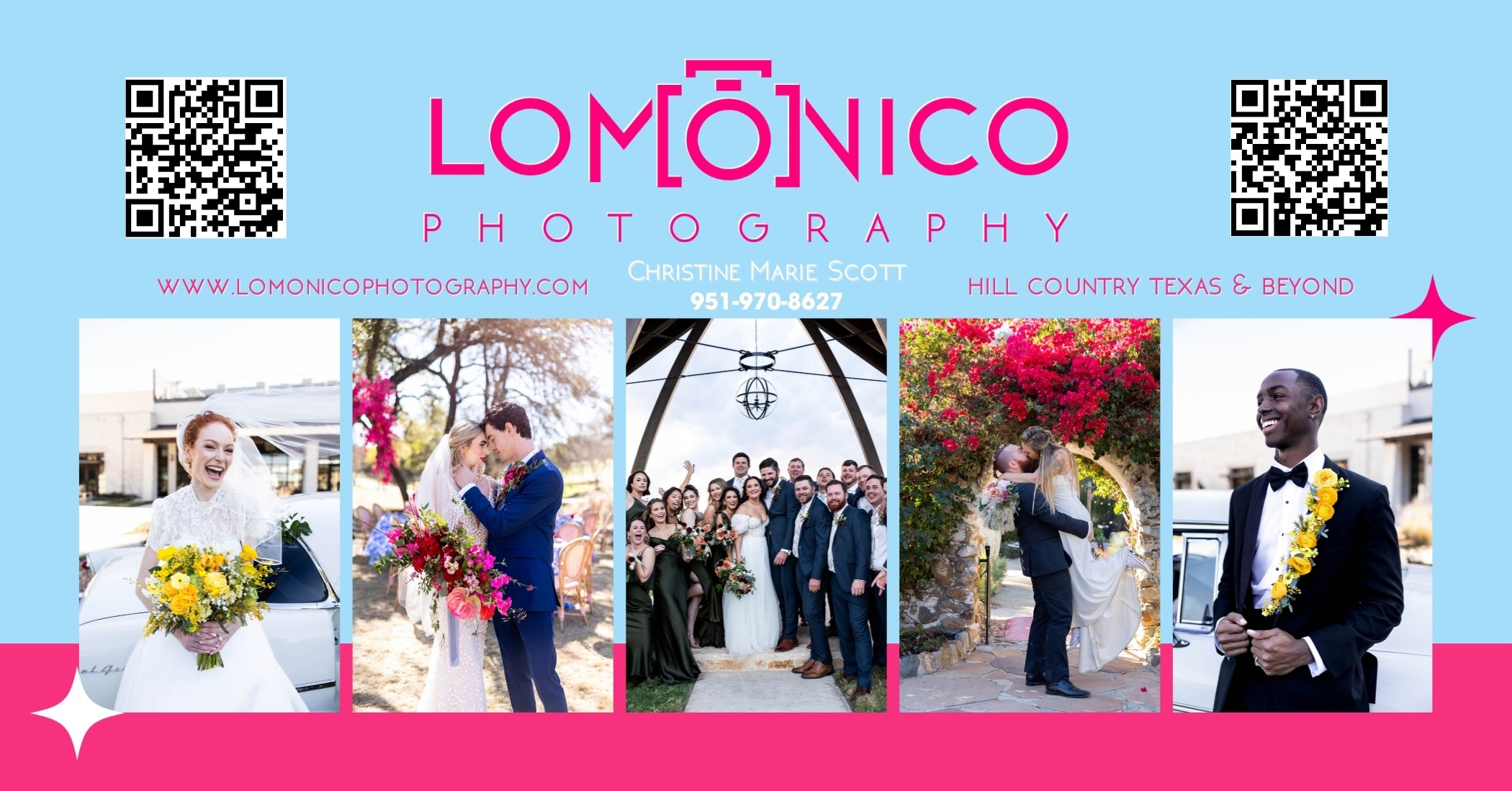 Group of people at a wedding, with a bride, groom, and guests, outdoors with colorful flowers and a blue sky.