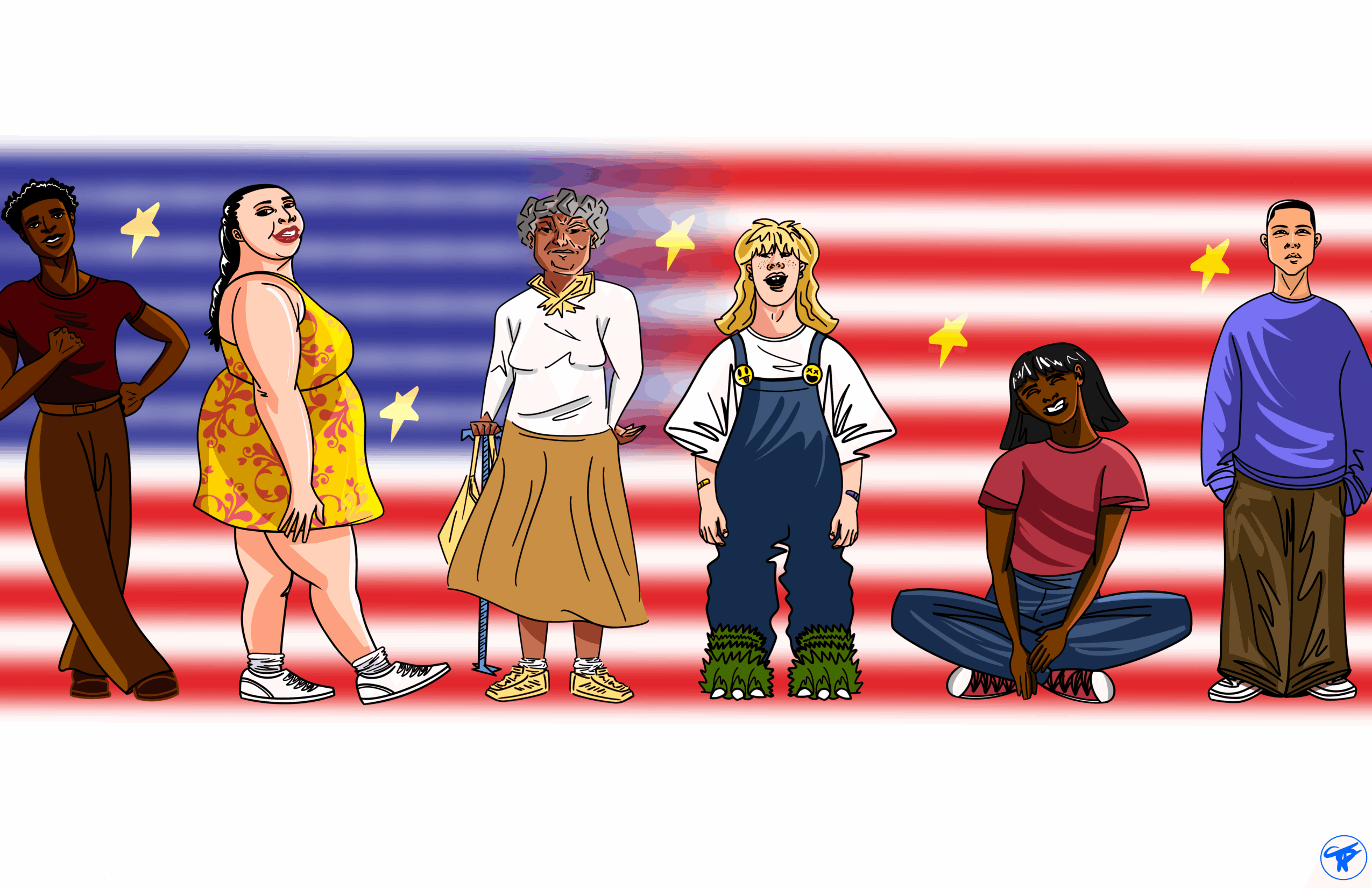 Six diverse people standing and sitting in front of a background with red, white, and blue stripes and stars.