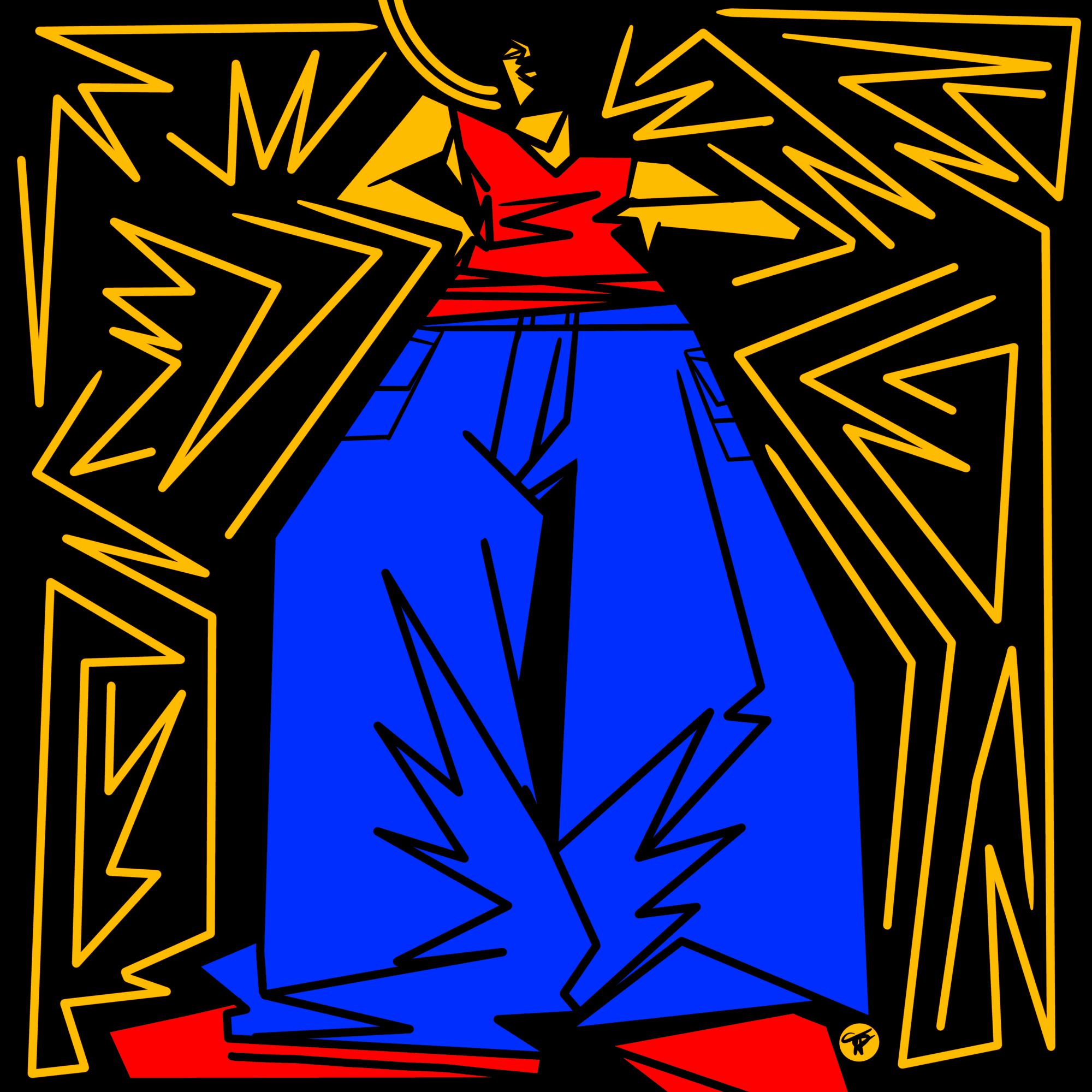 Stylized illustration of a person with wide blue pants, red top, and yellow arms, surrounded by yellow lightning-like lines.