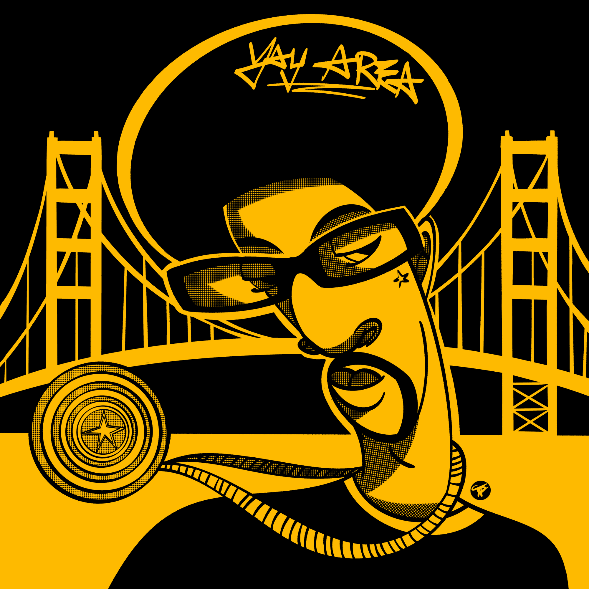 Stylized illustration of a dog wearing sunglasses, with a bridge in the background and graffiti text above.