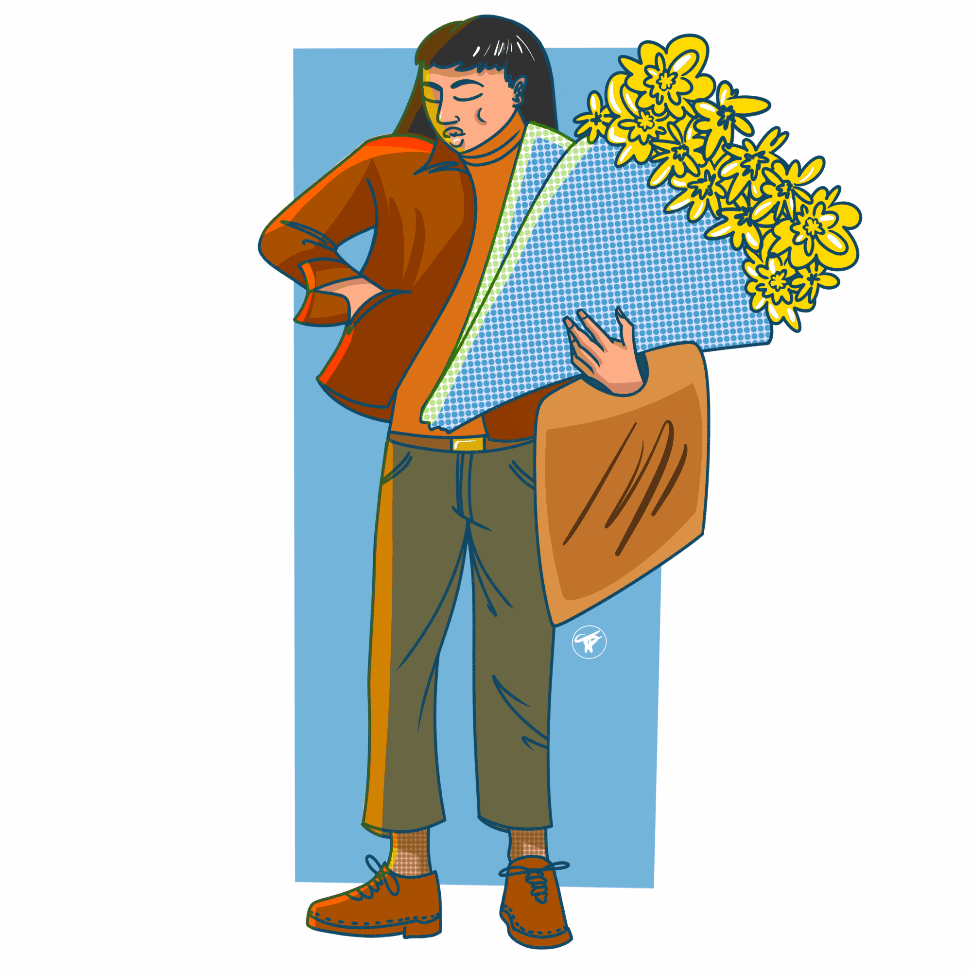 Person holding a large bouquet of yellow flowers, wearing a brown jacket and pants, standing against a blue background.