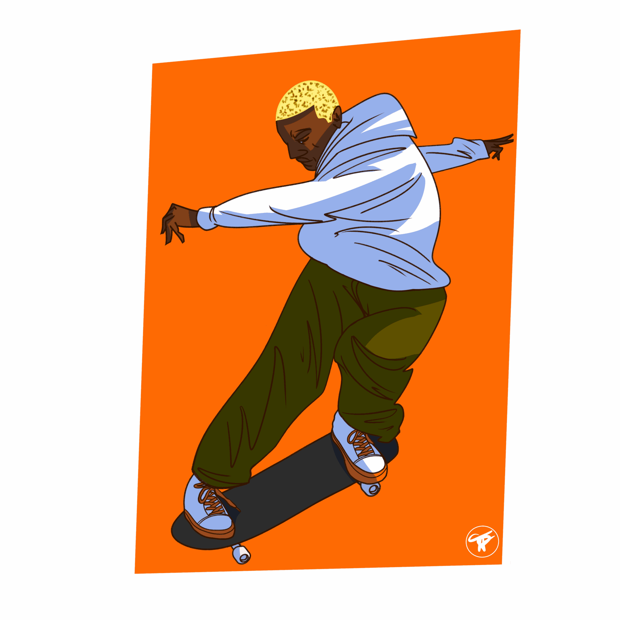 Person skateboarding with arms outstretched, wearing a hoodie and baggy pants, against an orange background.