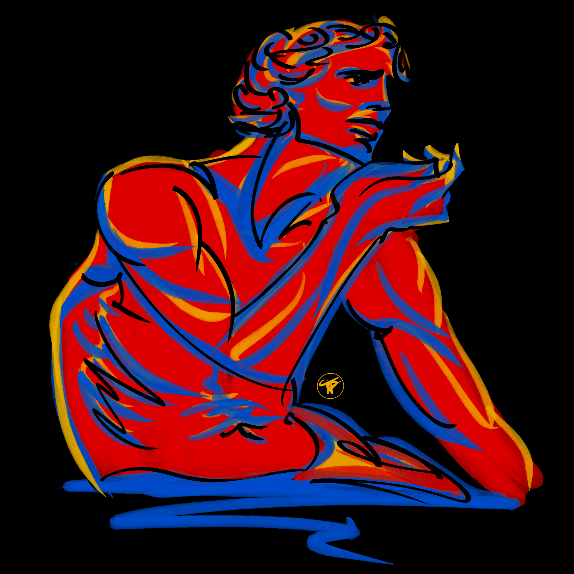 Colorful stylized illustration of a woman with short hair, sitting with her arm resting on her knee, against a black background.