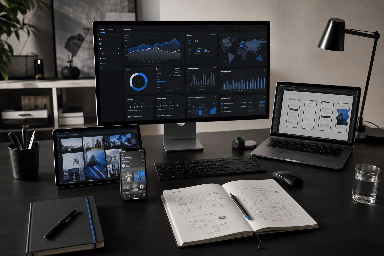 Desk with multiple screens displaying data, notebook, pen, smartphone, tablet, and a glass of water.