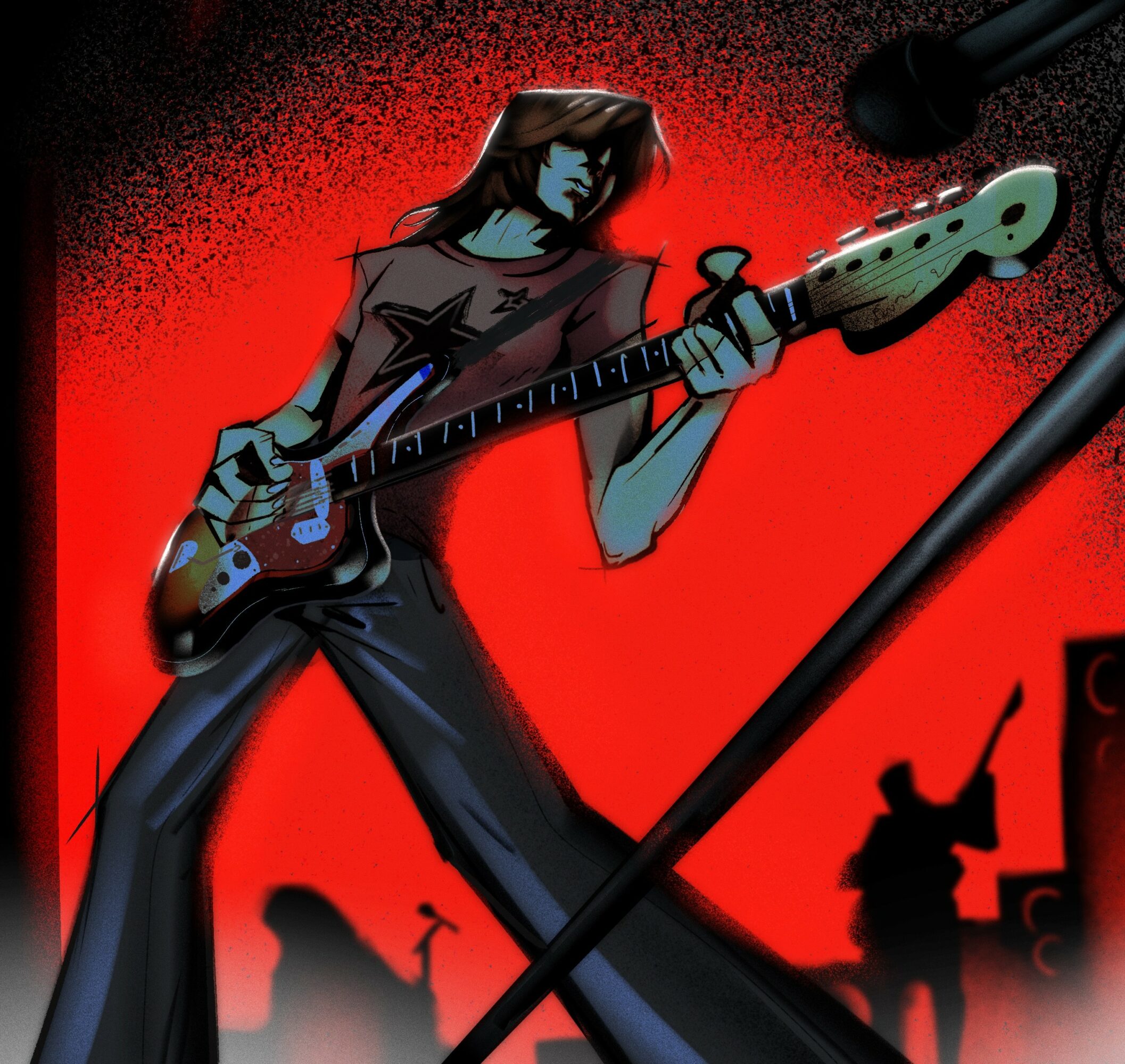 Musician playing electric guitar on stage with red background and microphone nearby.