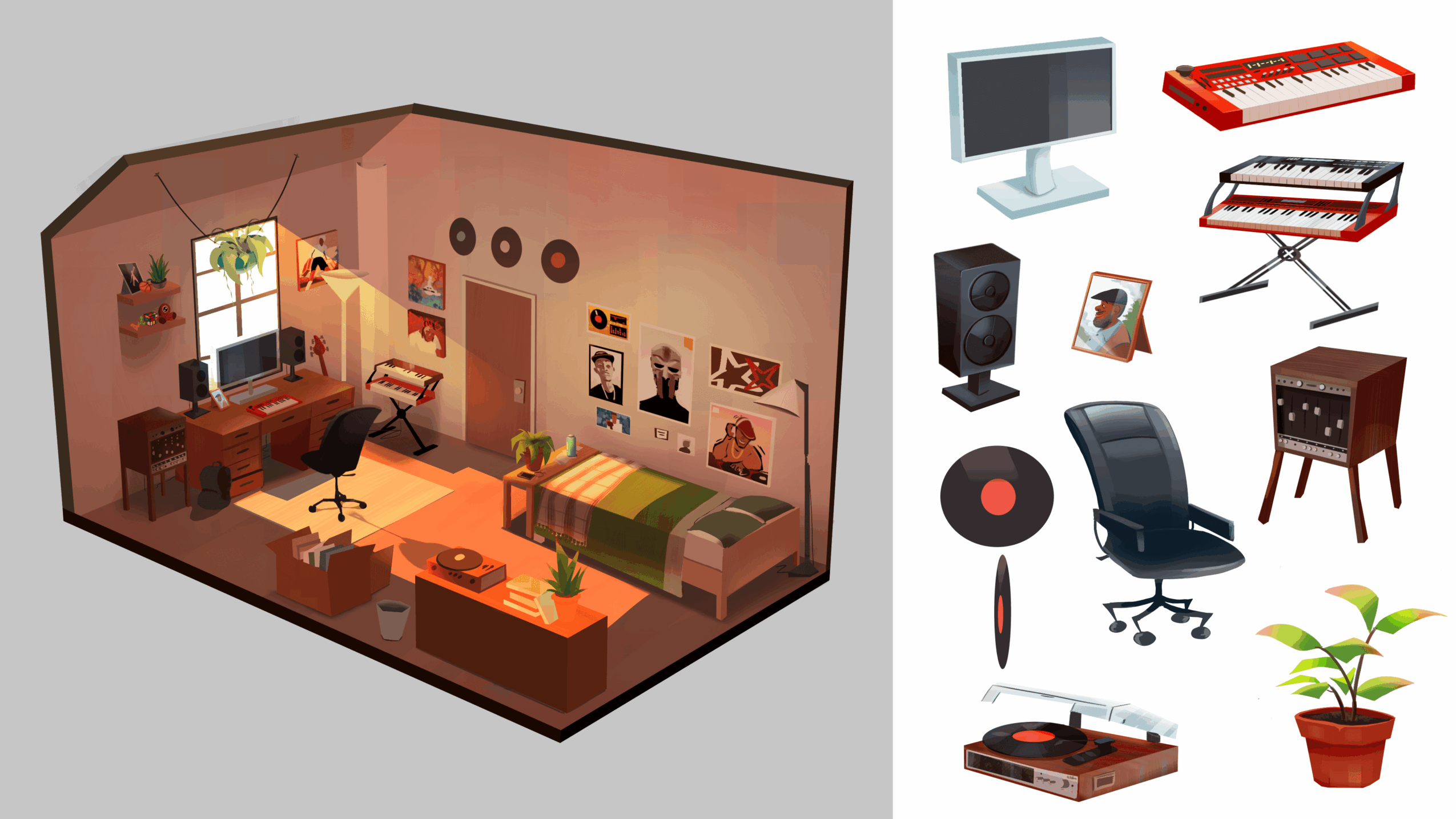 Room with furniture, musical instruments, and a plant, shown with various electronic devices and a speaker, all in a collage.