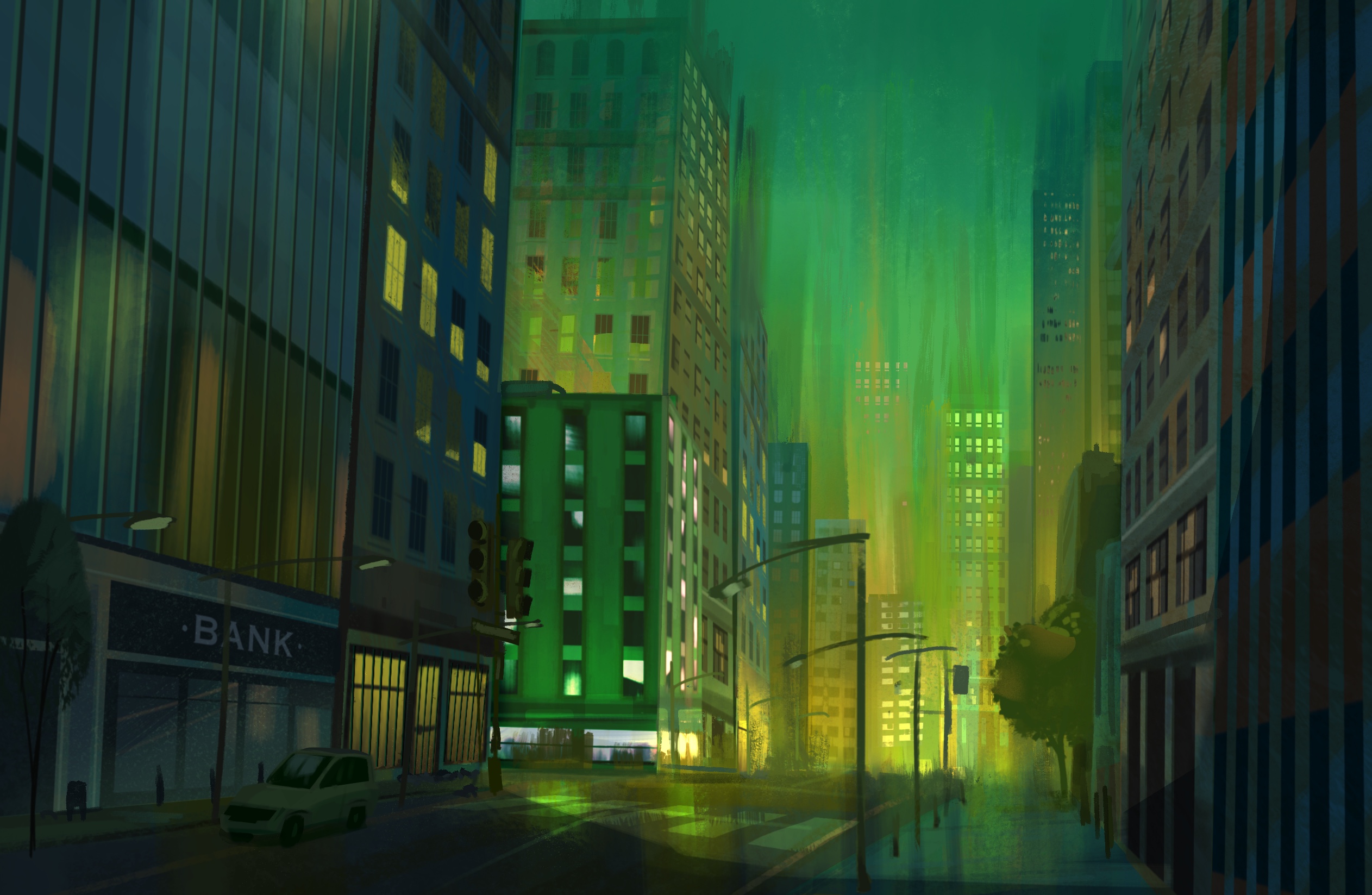City street with tall buildings, greenish fog, and empty road, illuminated by streetlights and building lights.