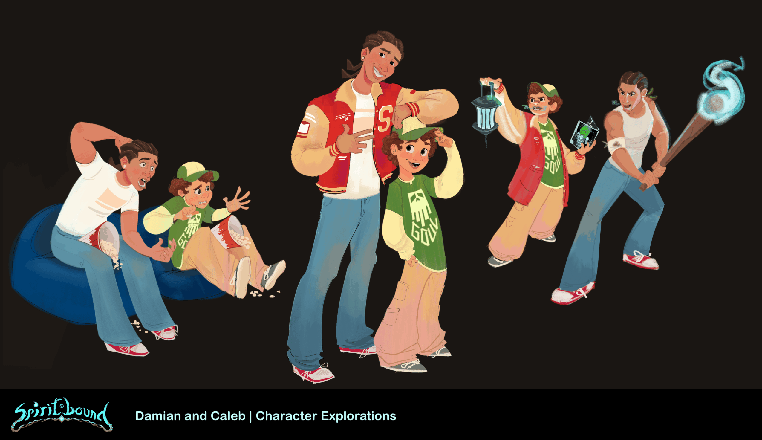 Group of children and a woman engaging in character exploration activities, some holding props and wearing costumes.