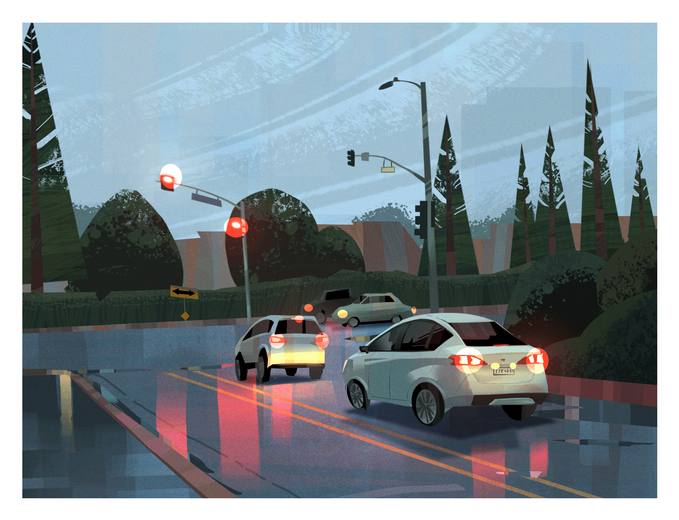 Cars wait at a red traffic light on a rainy street with reflections, trees, and streetlights, during dusk or dawn.