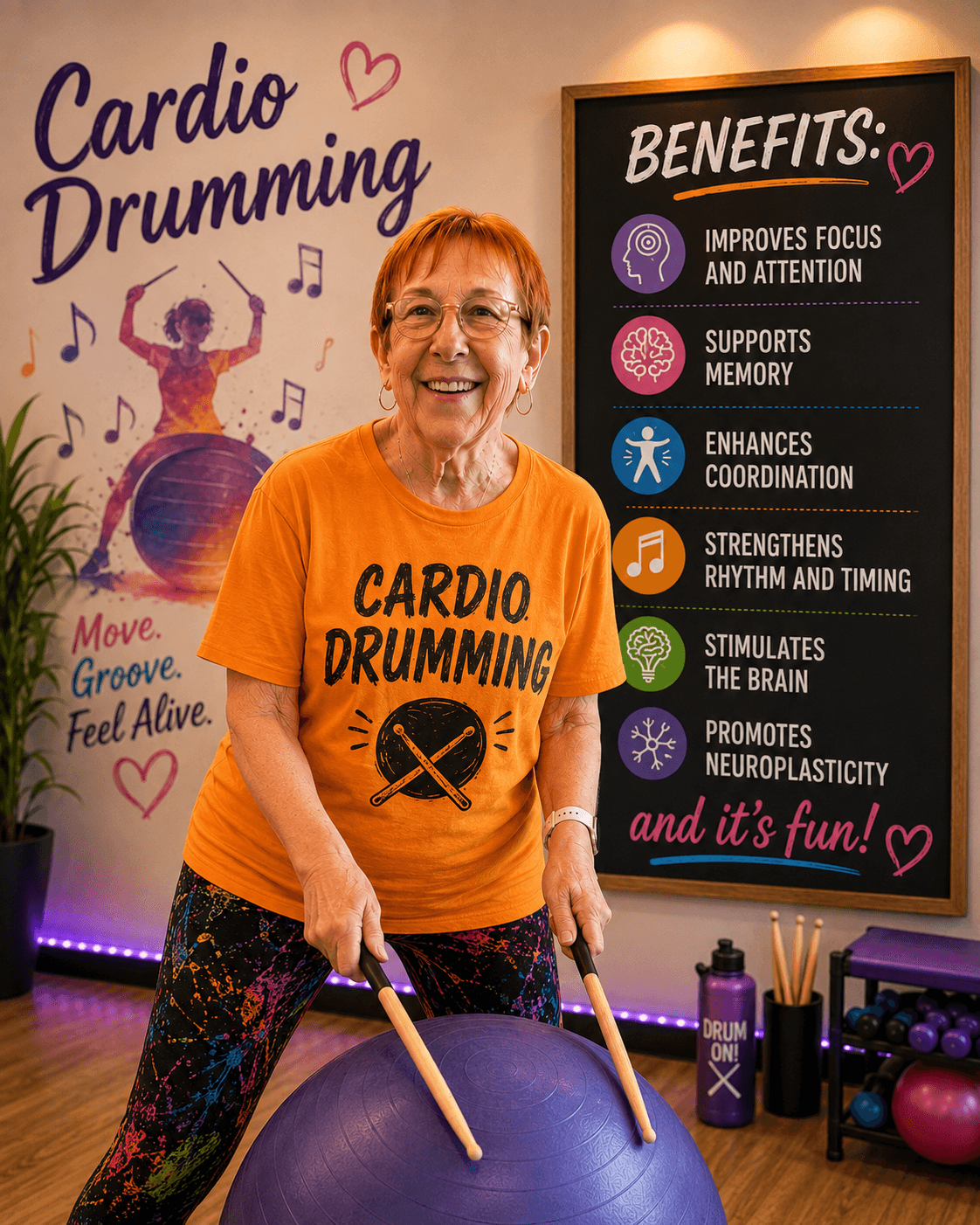 Smiling woman in orange shirt holding drumsticks, standing in front of a benefits board and a purple exercise ball.