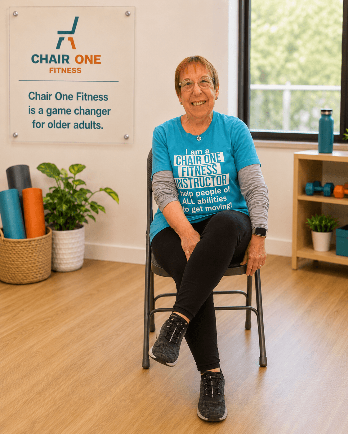 Smiling woman sitting on a chair in a fitness room, with a sign and plants in the background.