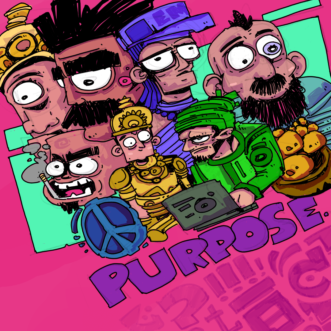 Group of cartoon characters with exaggerated facial features, colorful clothing, and a pink background, gathered around a laptop. The word 'PURPOSE' is visible.