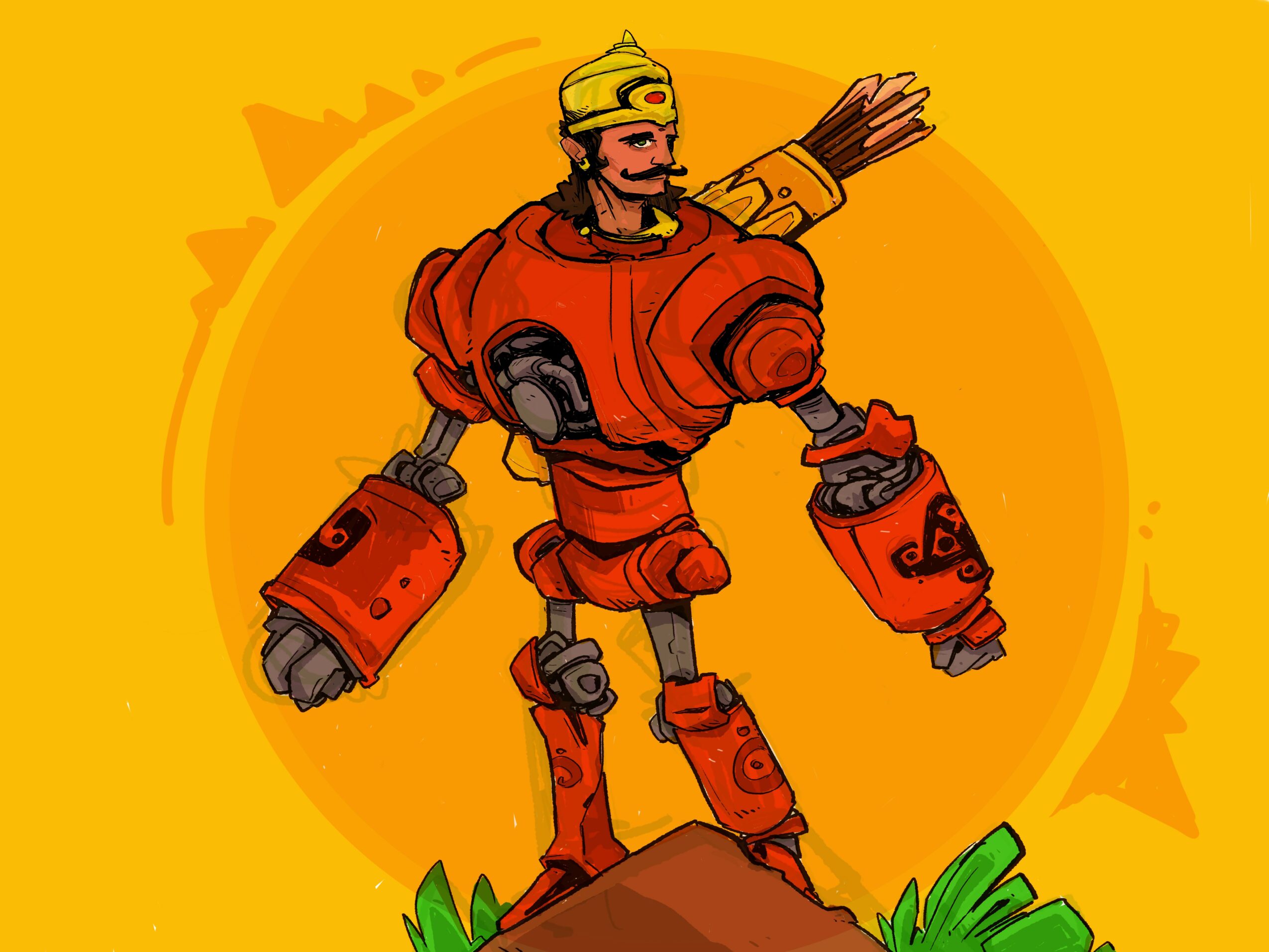 A robot with a human-like face, wearing a yellow hat, orange armor, and large red mechanical arms, standing on grass.
