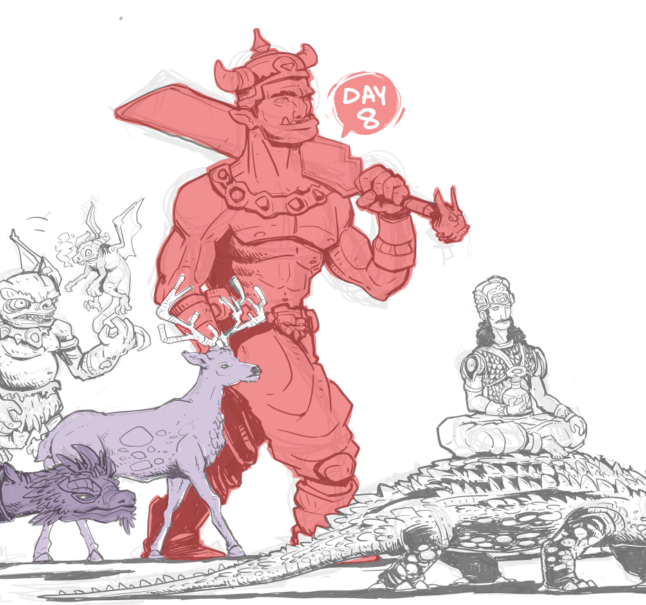 A fantasy scene with a large armored warrior holding a sword, a deer, a wolf, a dragon, a meditating person, and a dragon-like creature, all in a line. The scene is drawn in pink and gray tones.