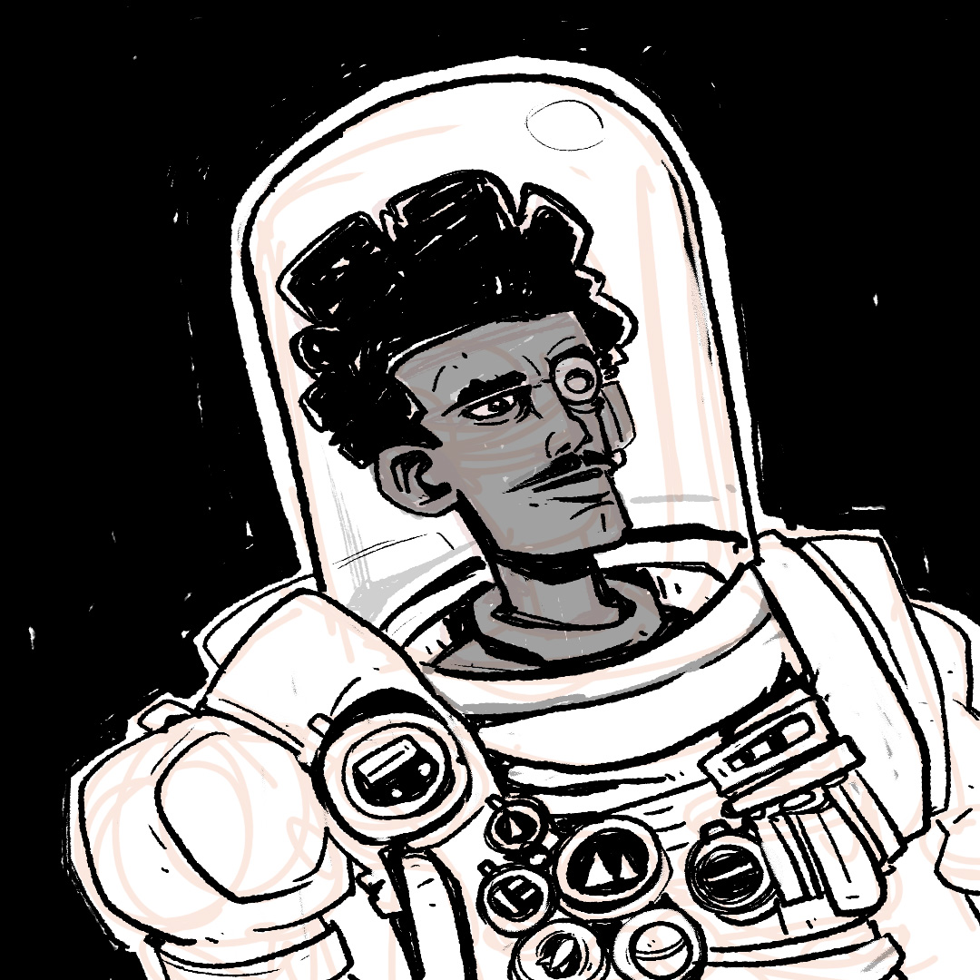 Person with curly hair and a monocle in a space suit helmet, looking serious, against a black background.
