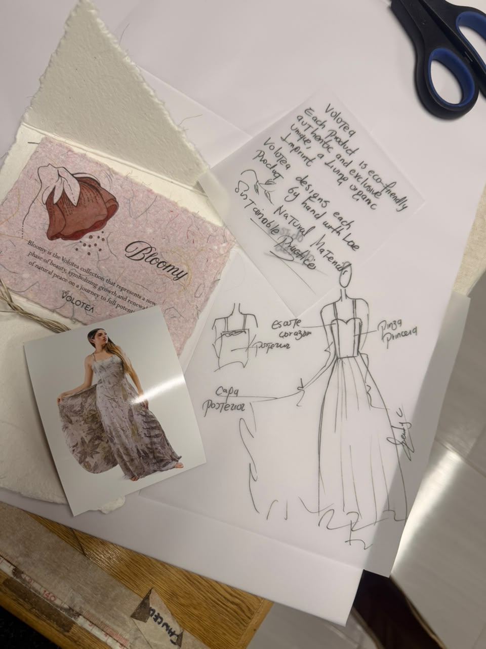 Sketch of a dress design with notes, a fabric sample, a photo of a dress, and a handwritten note on paper.