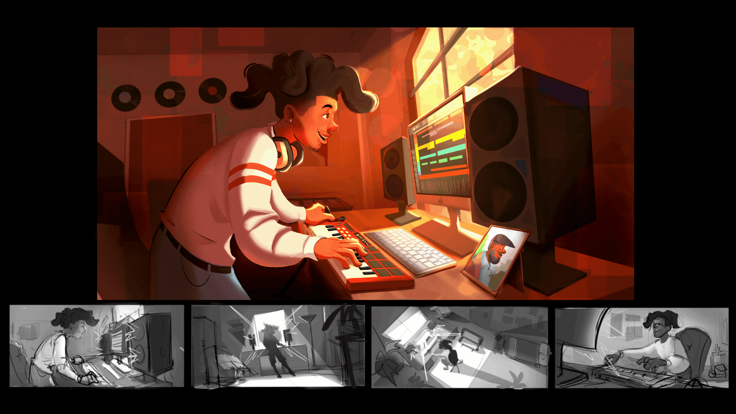 Person with curly hair working on a computer with colorful screen, speakers, and a photo on desk, in a warm room.