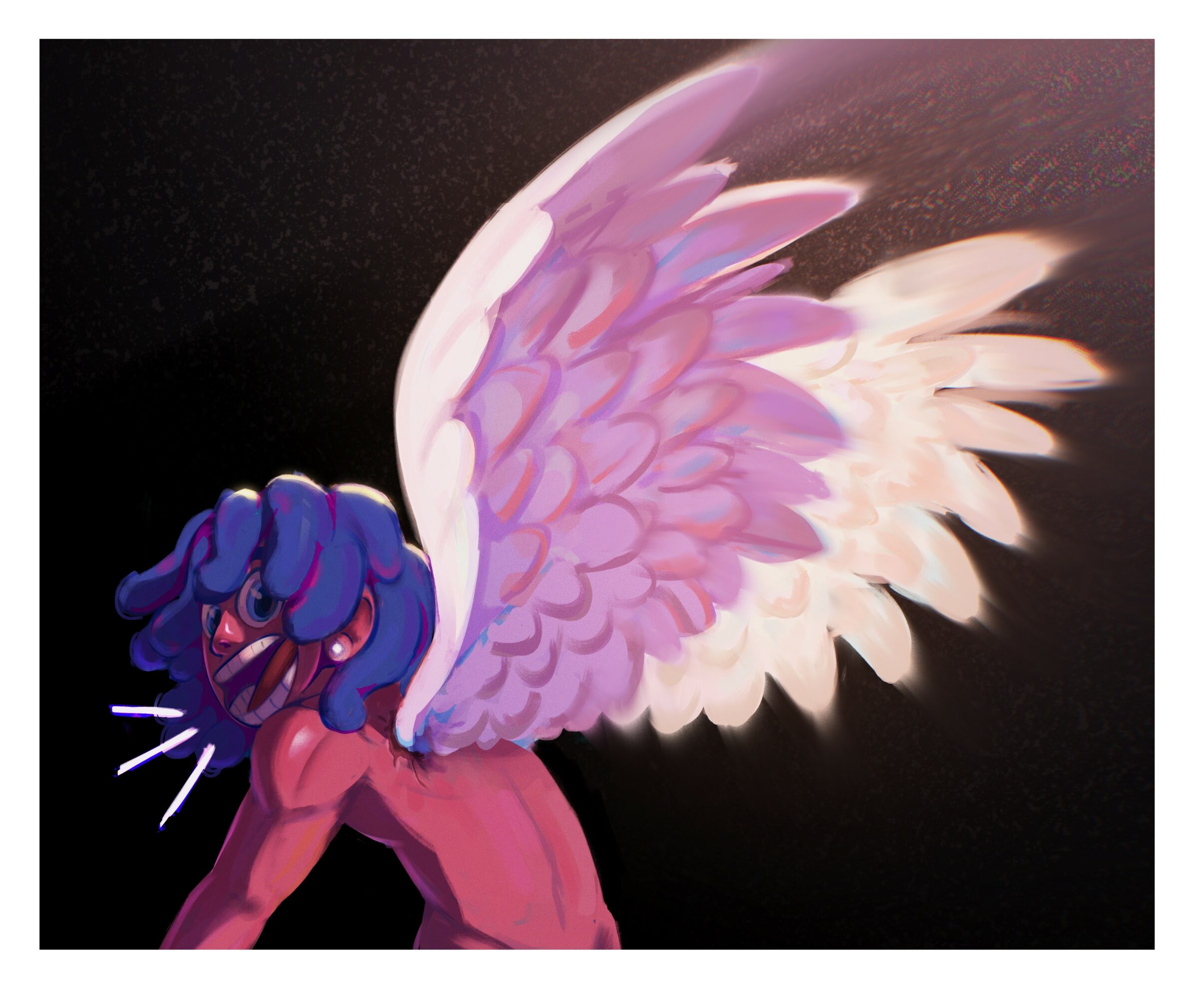 A winged creature with purple hair, large white and pink wings, and a dark background.