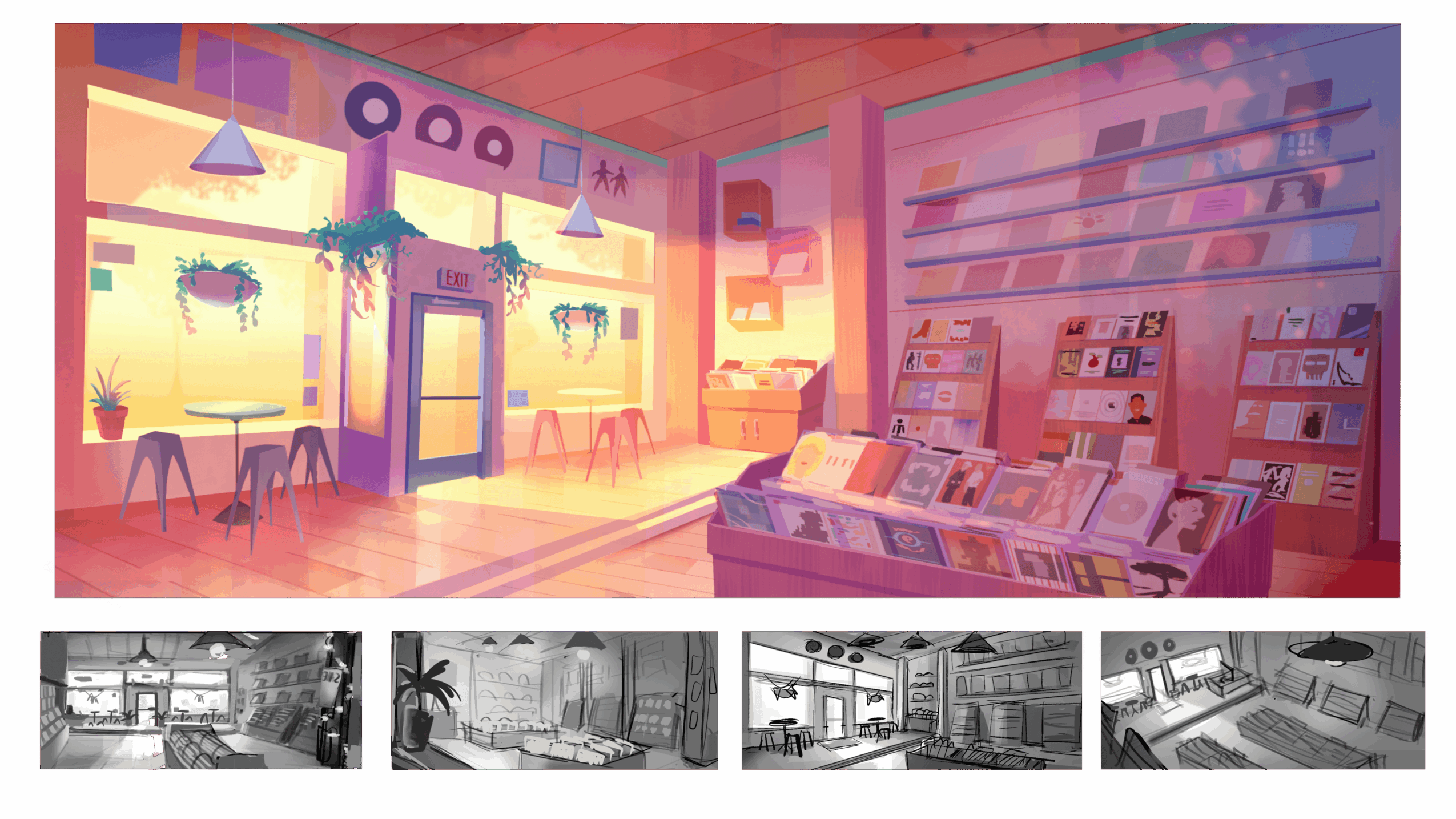 Colorful interior of a bookstore or library with bookshelves, seating, and large windows, bright lighting, and pink walls.