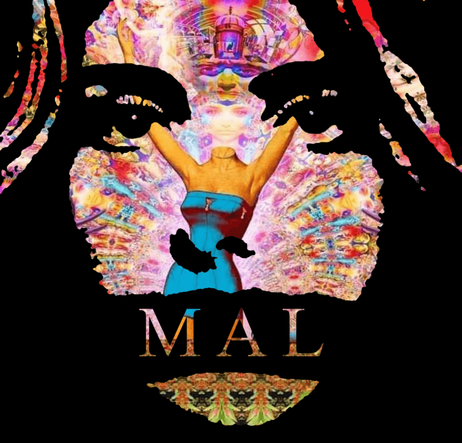 Colorful collage of a woman's face with a person doing a handstand in the center, and the word 'MAL' below.