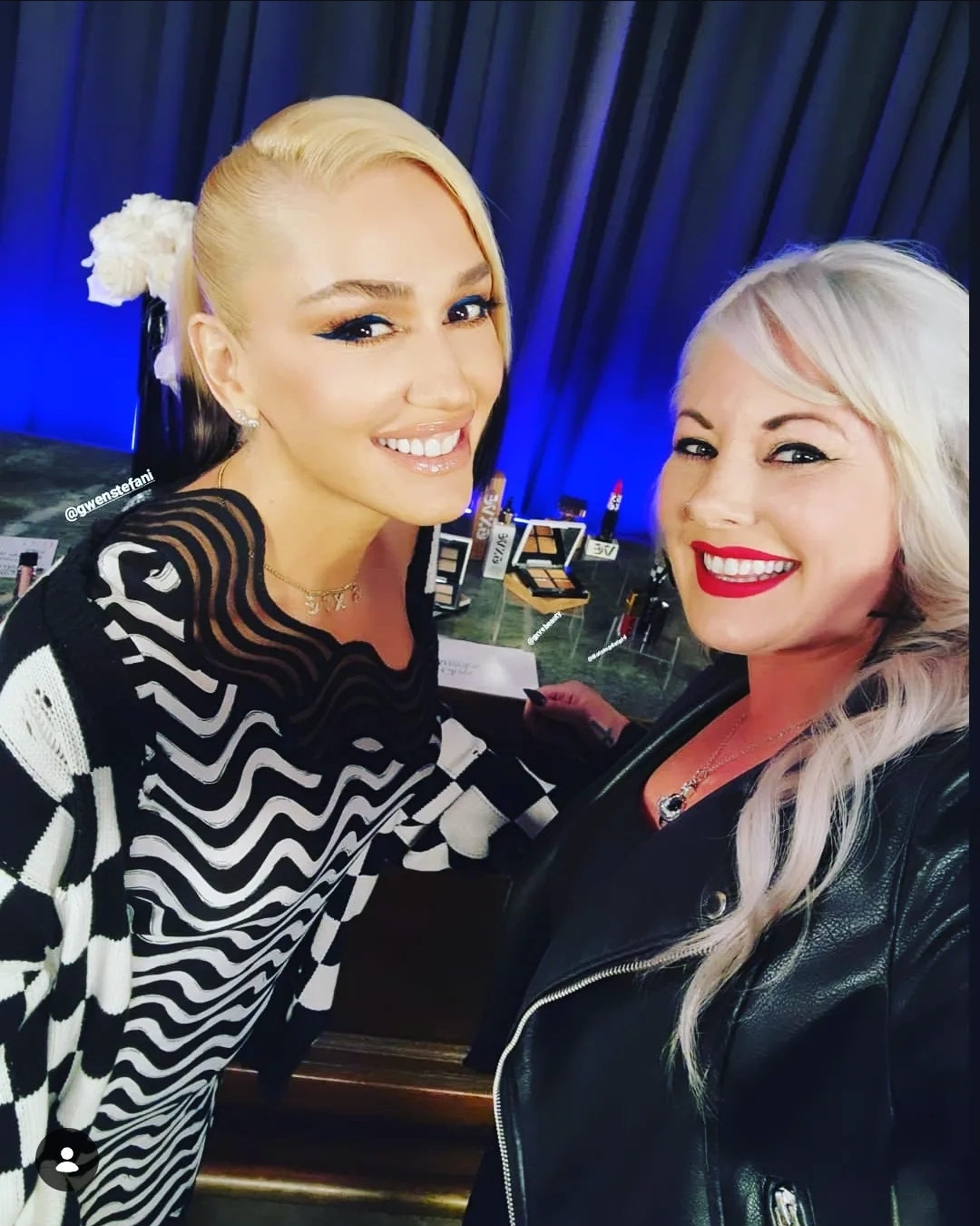 Two women smiling, one with blonde hair in a bun and striped top, the other with long silver hair and black leather jacket, in front of a blue curtain.