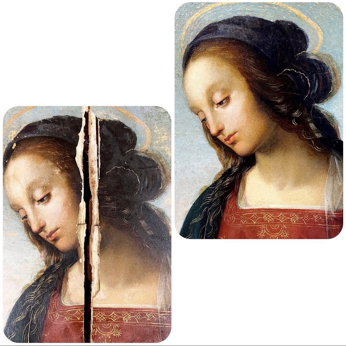 Two images of a woman with dark hair and a halo, one with her head tilted downward, the other with her head upright.
