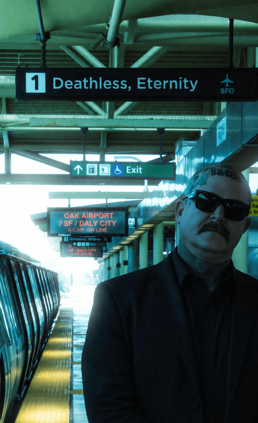 Man with sunglasses in dark clothing at airport terminal, signs for departure and exit visible.