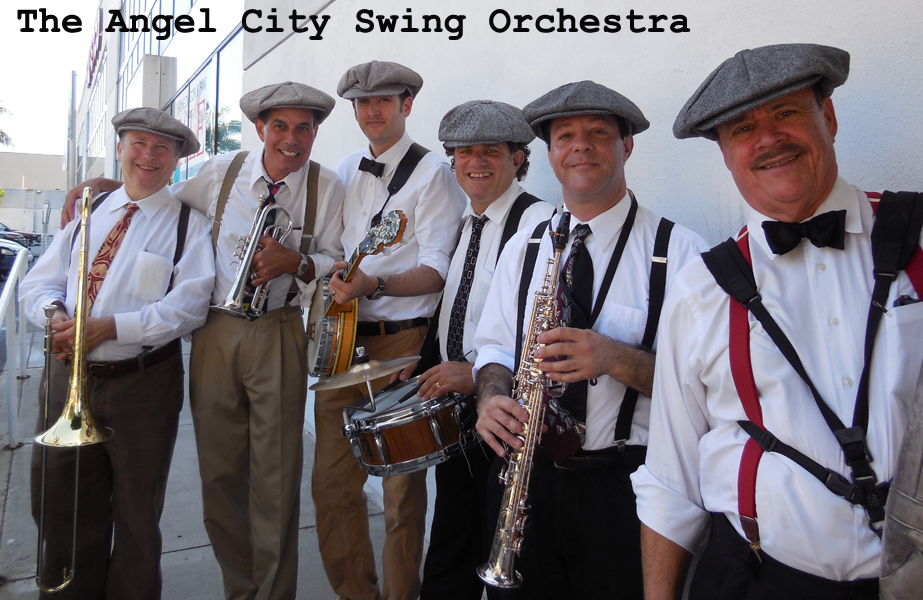 Group of six musicians in vintage attire holding instruments, standing outdoors with boats in background.