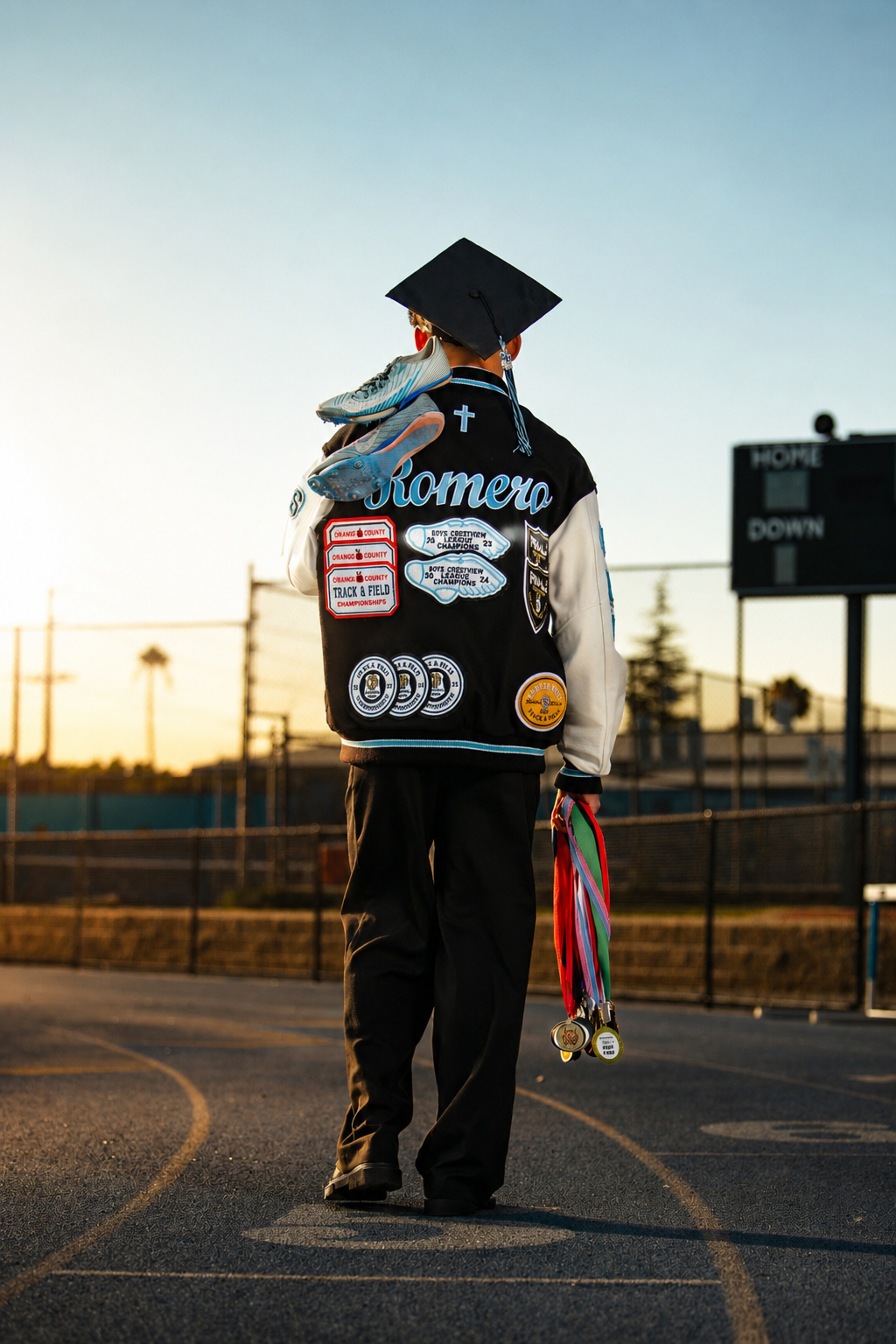Person in graduation cap and gown holding medals, facing away, on a sports field at sunset.