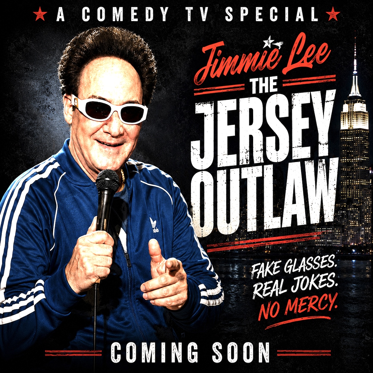 Jimmie Lee in sunglasses holding a microphone, promotional poster for Jersey Outlaw comedy special, New York City skyline in background.
