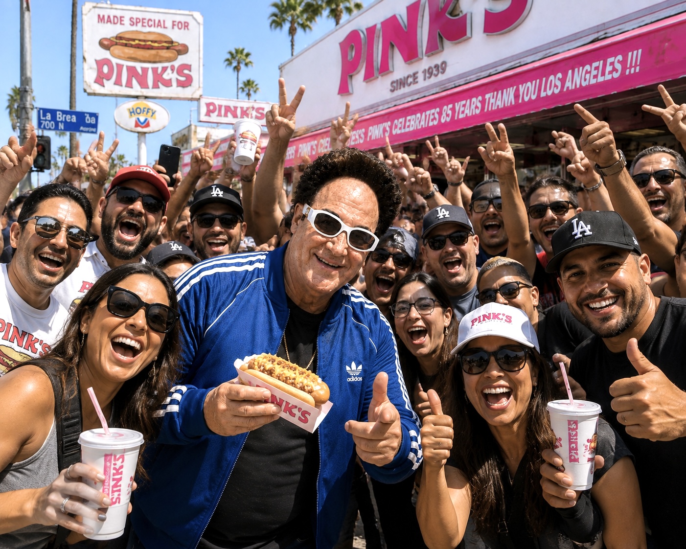 Group of people smiling and celebrating in front of Pink's hot dog stand, some holding drinks and making peace signs.