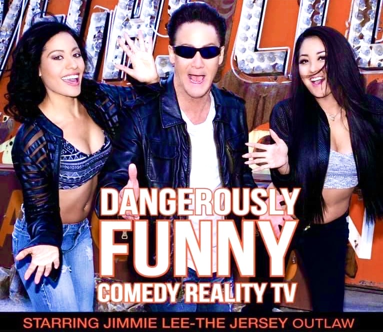 Three people smiling and posing, with text about comedy reality TV and a star's name at the bottom.