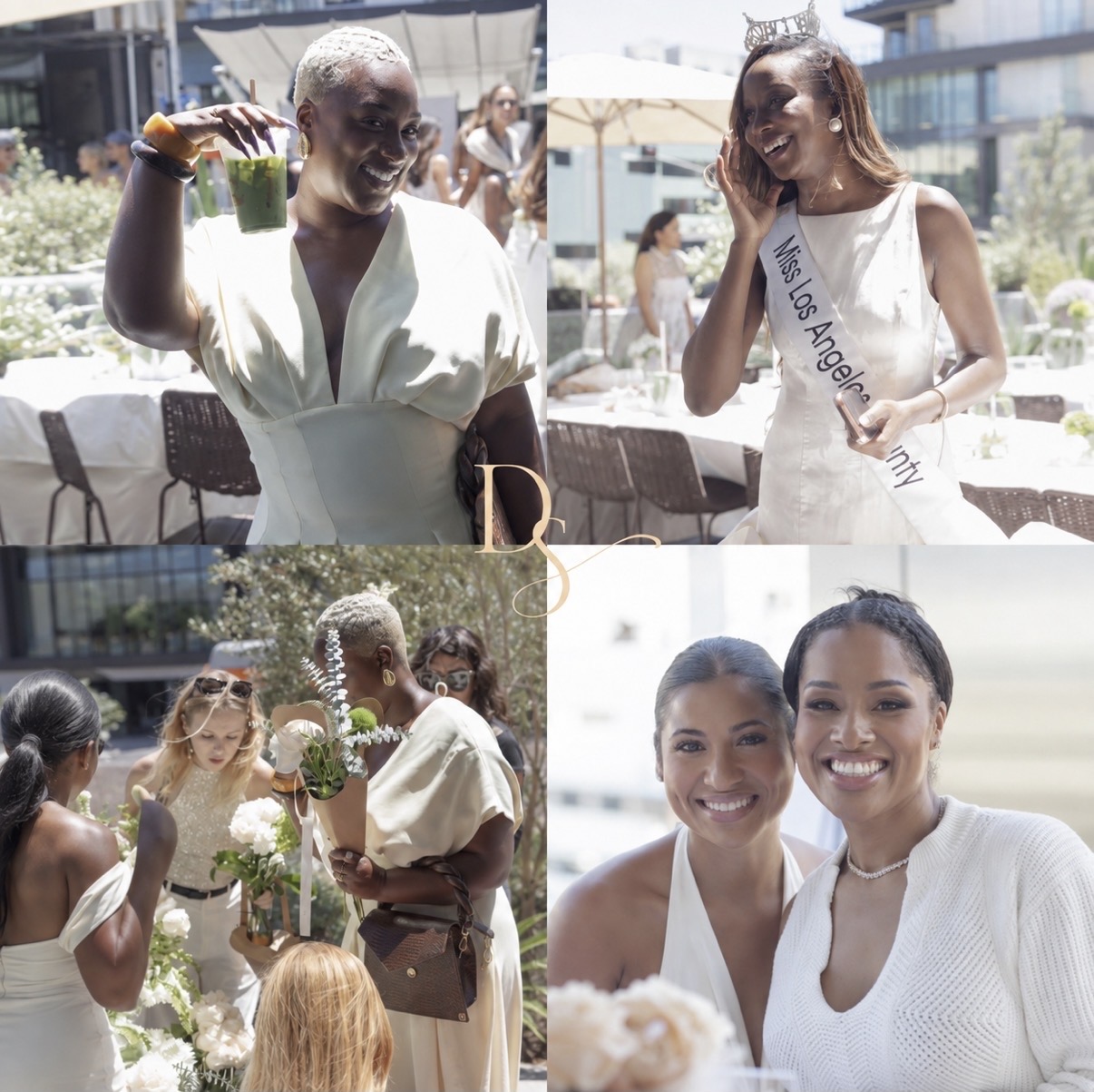 Group of women celebrating outdoors, one wearing a sash and crown, others smiling and talking, sunny day with tables and umbrellas.