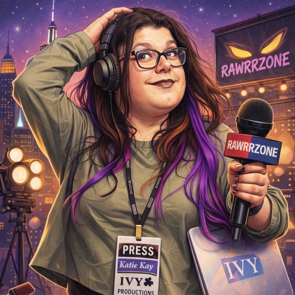 Woman with glasses and purple hair holding a microphone, wearing a press badge, in front of a cityscape background.