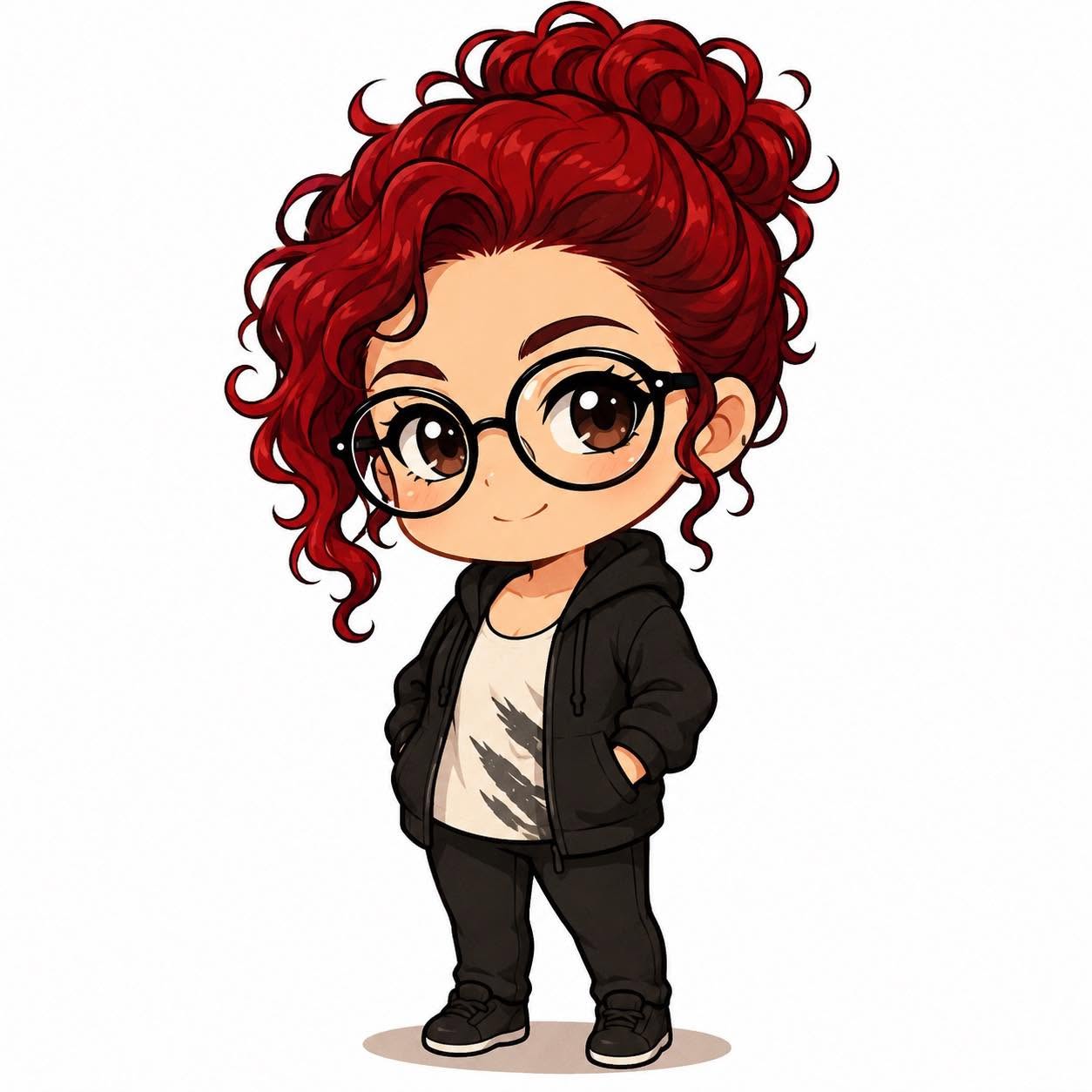 Cartoon girl with curly red hair, glasses, black hoodie, and casual clothes, standing with hands in pockets.