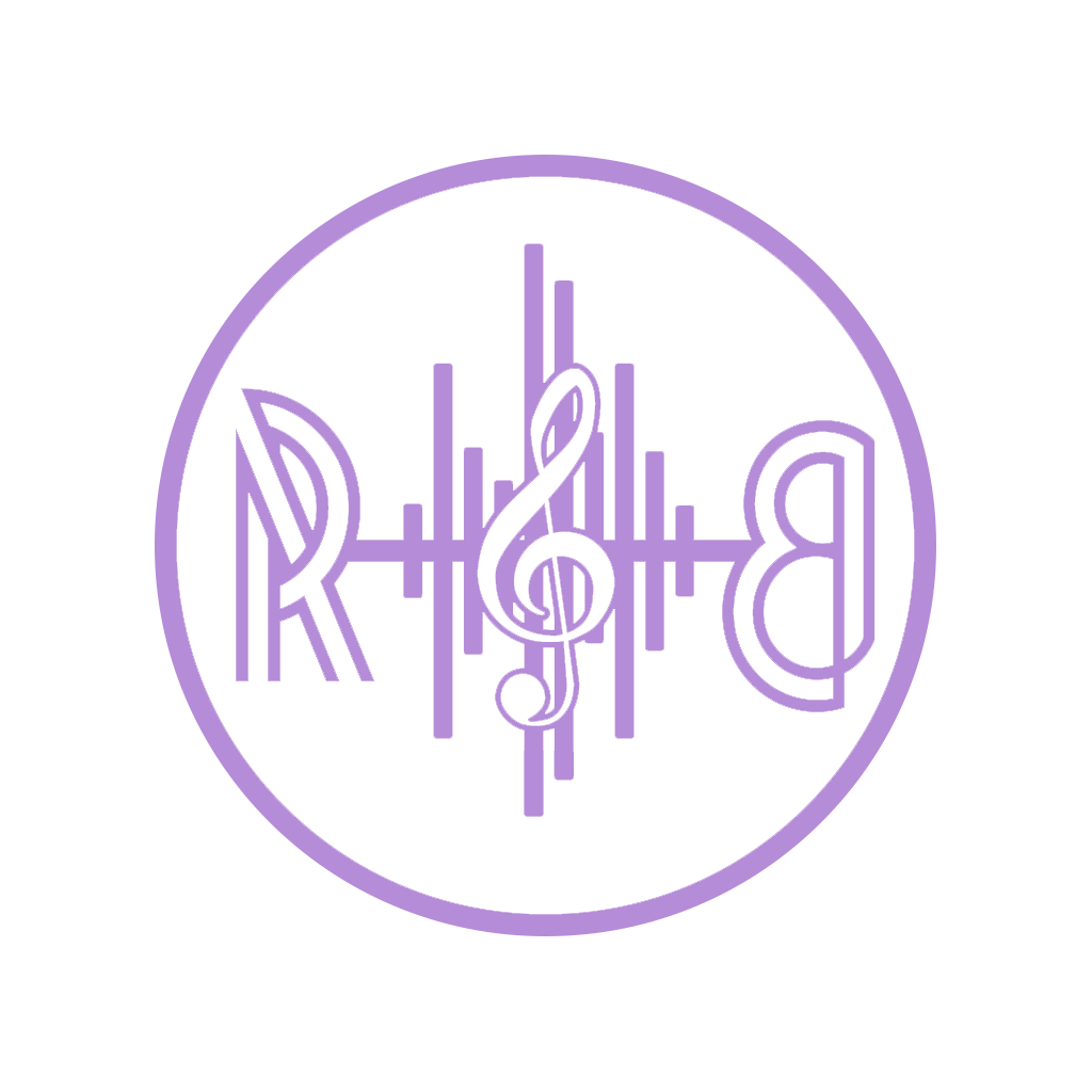 Purple circular logo with musical symbols and sound wave lines on black background.