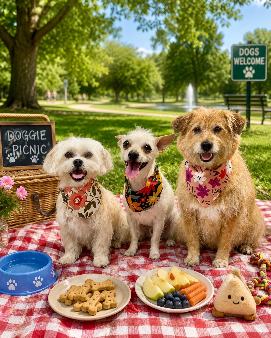 Three dogs sitting on a picnic blanket with food, in a park with trees and a fountain, sign says dogs welcome.