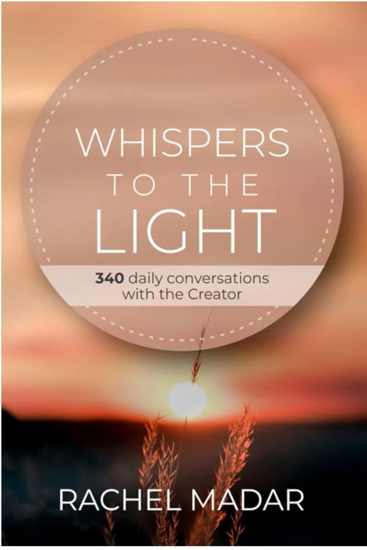 Book cover with a sunset scene, title 'Whispers to the Light,' author Rachel Madar, and subtitle about daily conversations.