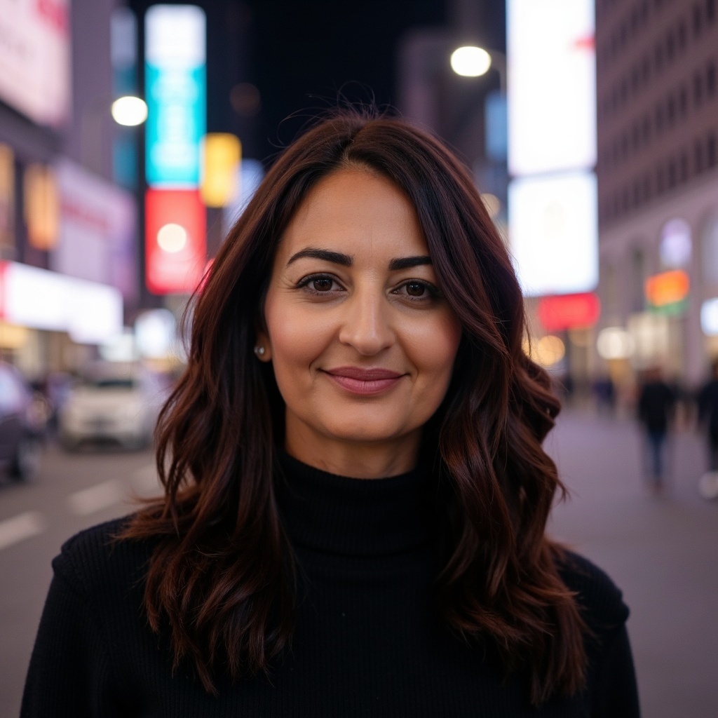 Woman with shoulder-length dark hair smiling in a city street at night, illuminated by colorful lights.