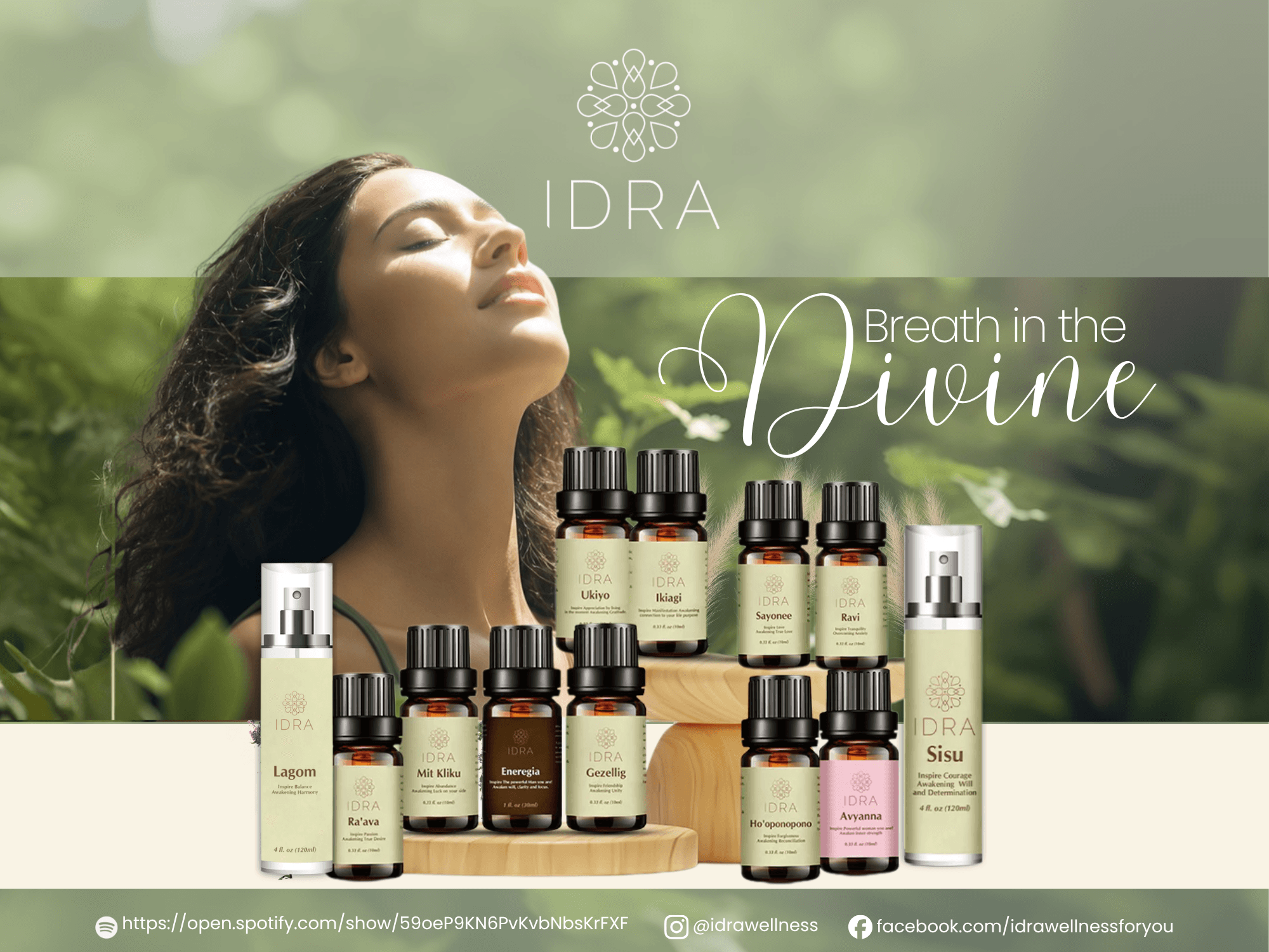Woman with closed eyes outdoors, surrounded by skincare products, with text 'Breath in the Divine' and 'IDRA'.