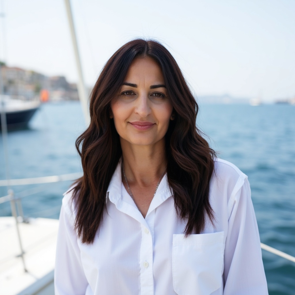 Woman with dark hair and a white shirt standing near water with boats in background.